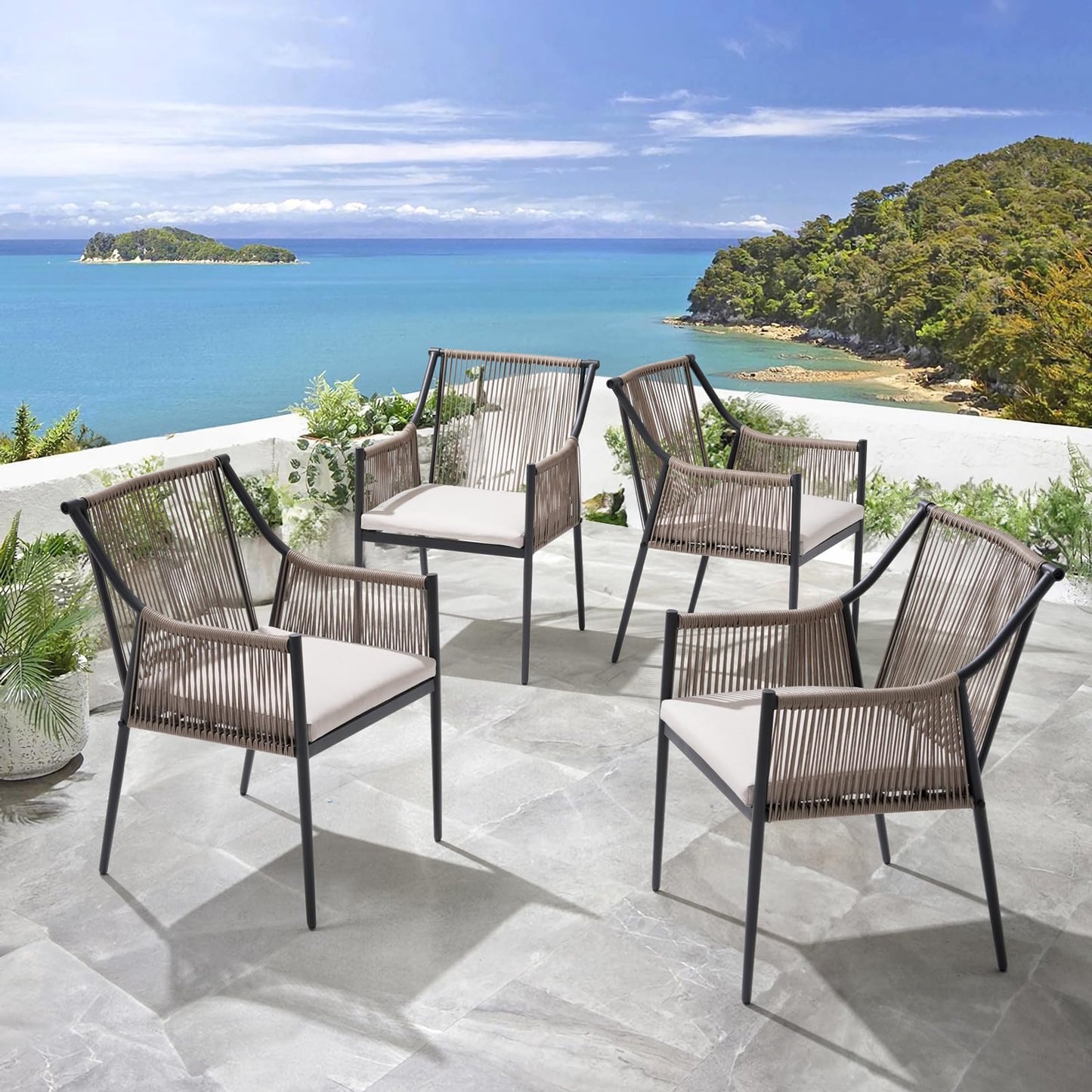 Patiorama Outdoor Dining Chairs Set of 4, Woven Rope Patio Dining Chairs, All-Weather Embossed Wicker Rattan Chairs, Outdoor Patio Chairs with Cushion & Integrated Armrest for Backyard, Light Beige
