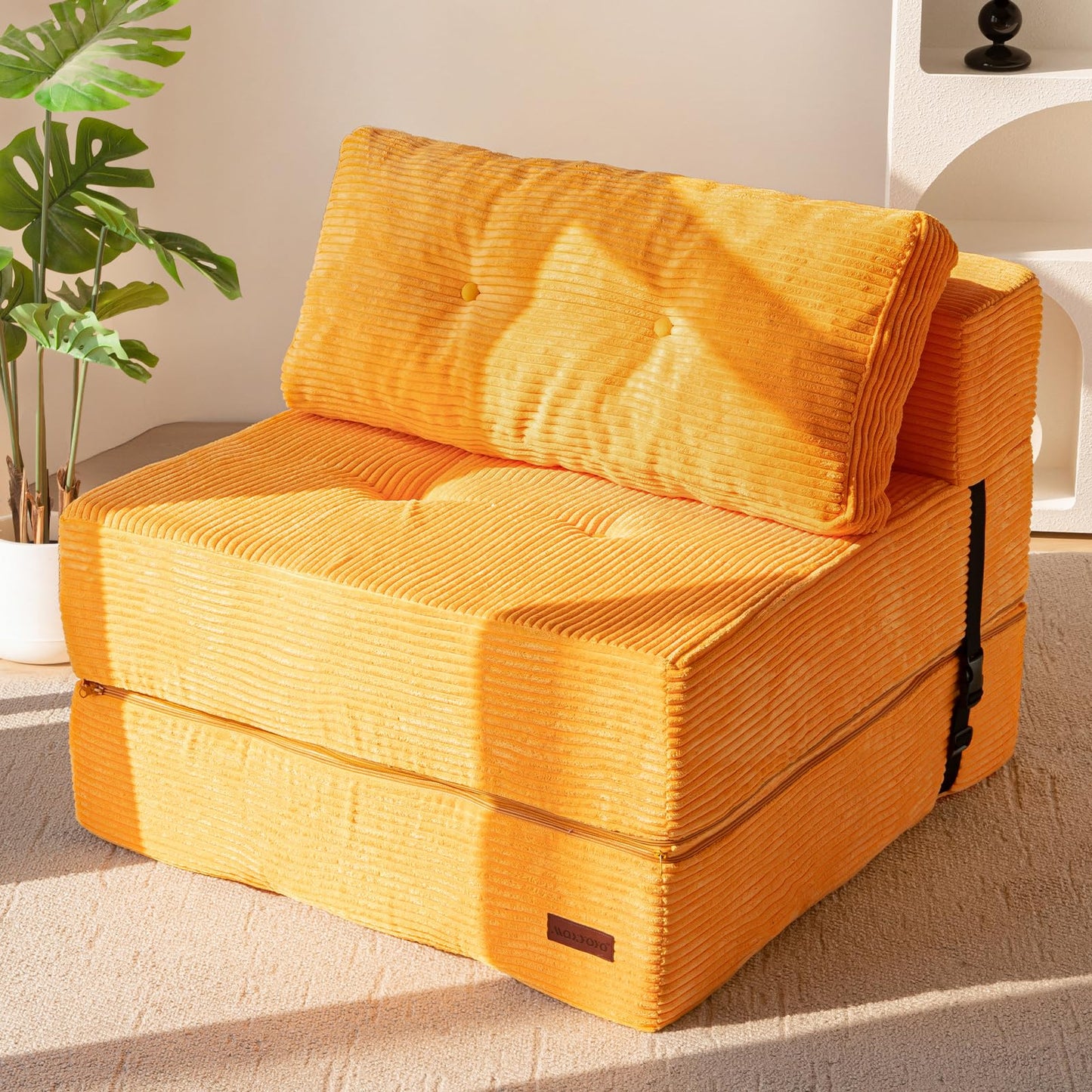 MAXYOYO Folding Sofa Bed, Convertible Sofa Bed with High-Density Support Foam, Portable 4 in 1 Fold Out Chair to Floor Lounger, Versatile Floor Couch for Living Room Bedroom, Orange