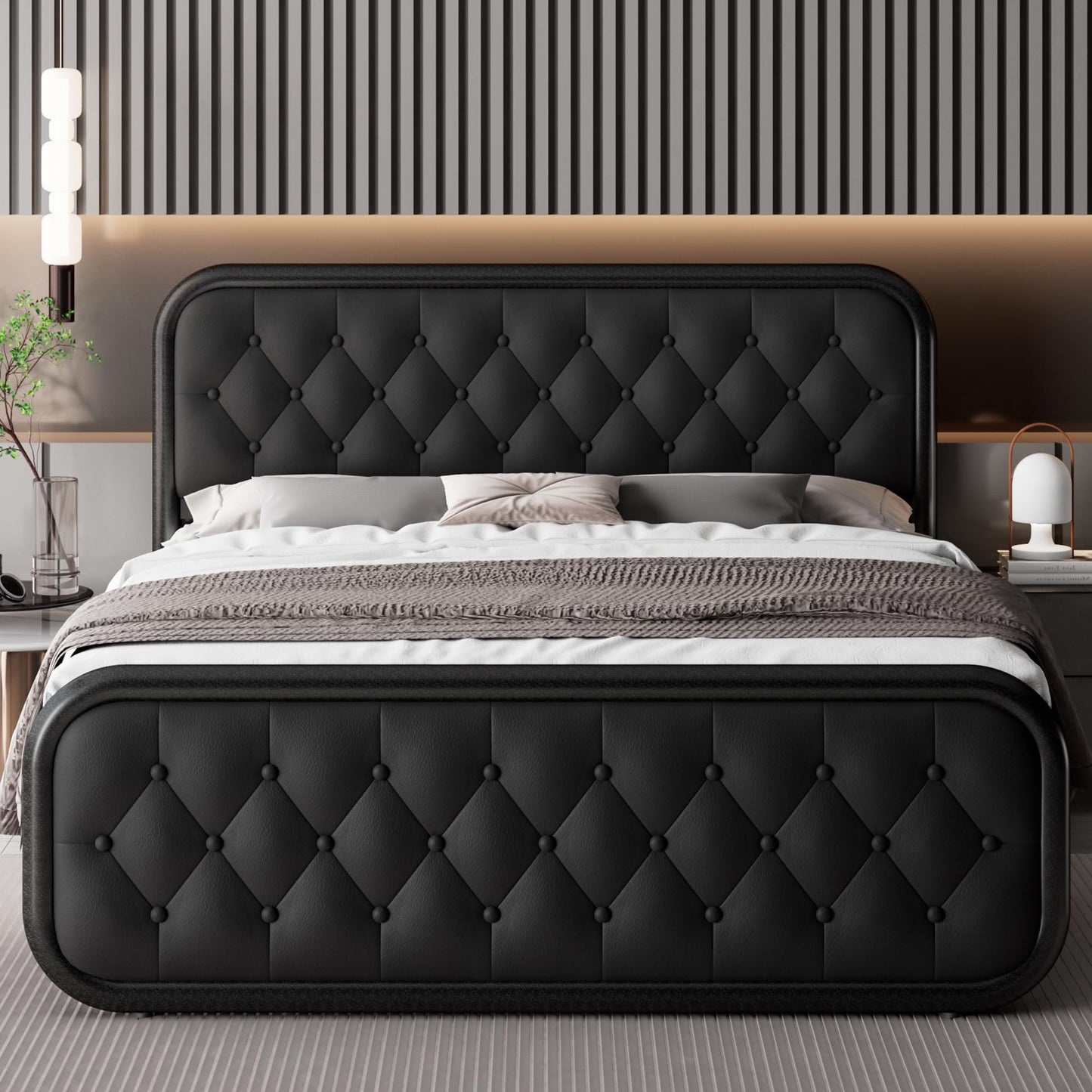 Feonase Queen Size Bed Frame, Heavy Duty Bed Frame with Faux Leather Headboard, Upholstered Platform Bed with Strong Metal Slats, 12" Under-Bed Storage, Noise-Free, Easy Assembly, Black