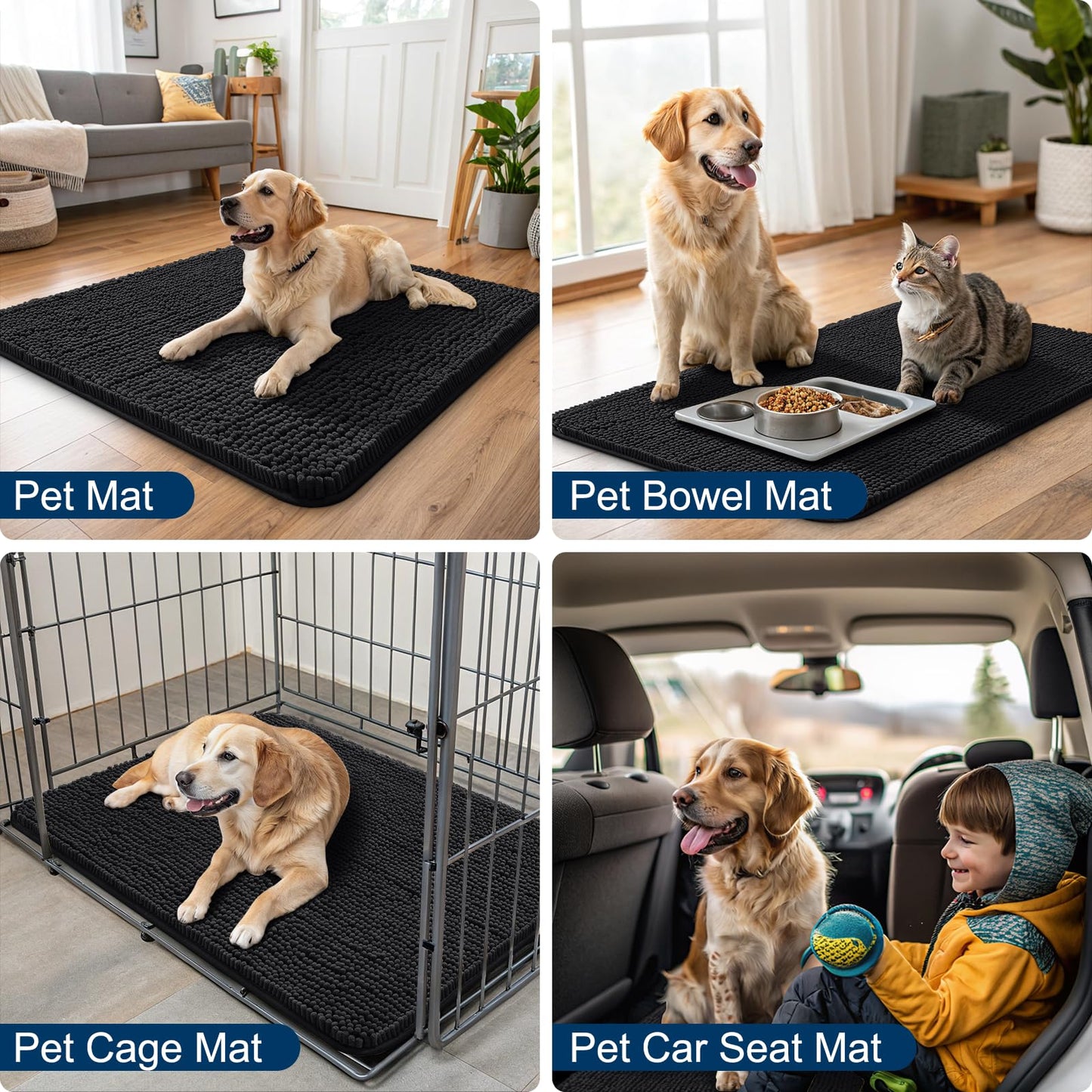 Smiry Dog Door Mat for Muddy Paws 59x24, Absorbs Moisture and Dirt Doormat, Non-Slip Washable Quick Dry Chenille Front Door Mat Indoor Entrance, Entryway Carpet for Inside Floor, Black