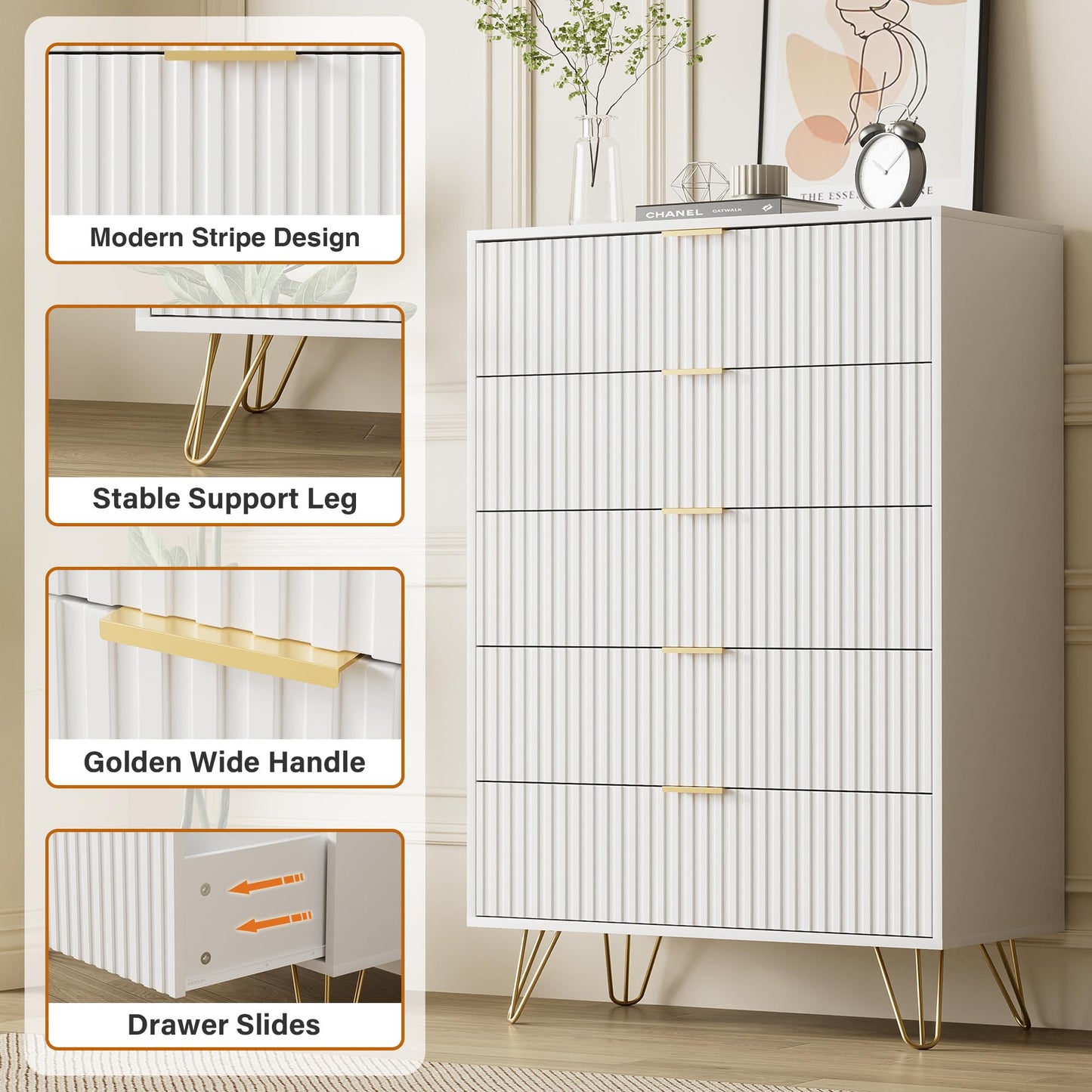 Furniway White Dresser for Bedroom, Fluted Modern Dresser with Gold Pulls and 5 Drawers, 15.7" D x 31.5" W x 47.2" H
