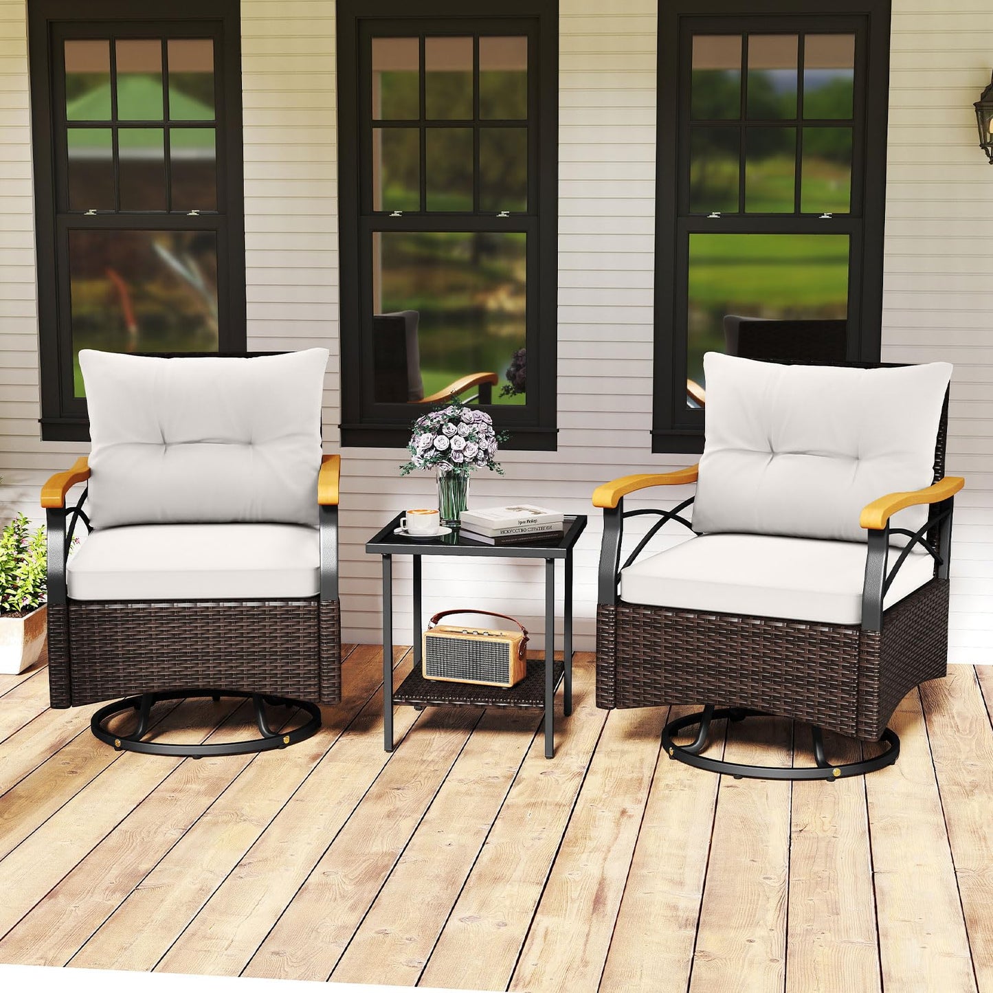 Tangkula 3 Piece Outdoor Swivel Chair Set, Patio Wicker Rotating Cushioned Chairs with 2-Tier Tempered Glass Side Table, for Porch, Yard, Balcony, Garden (Off White)