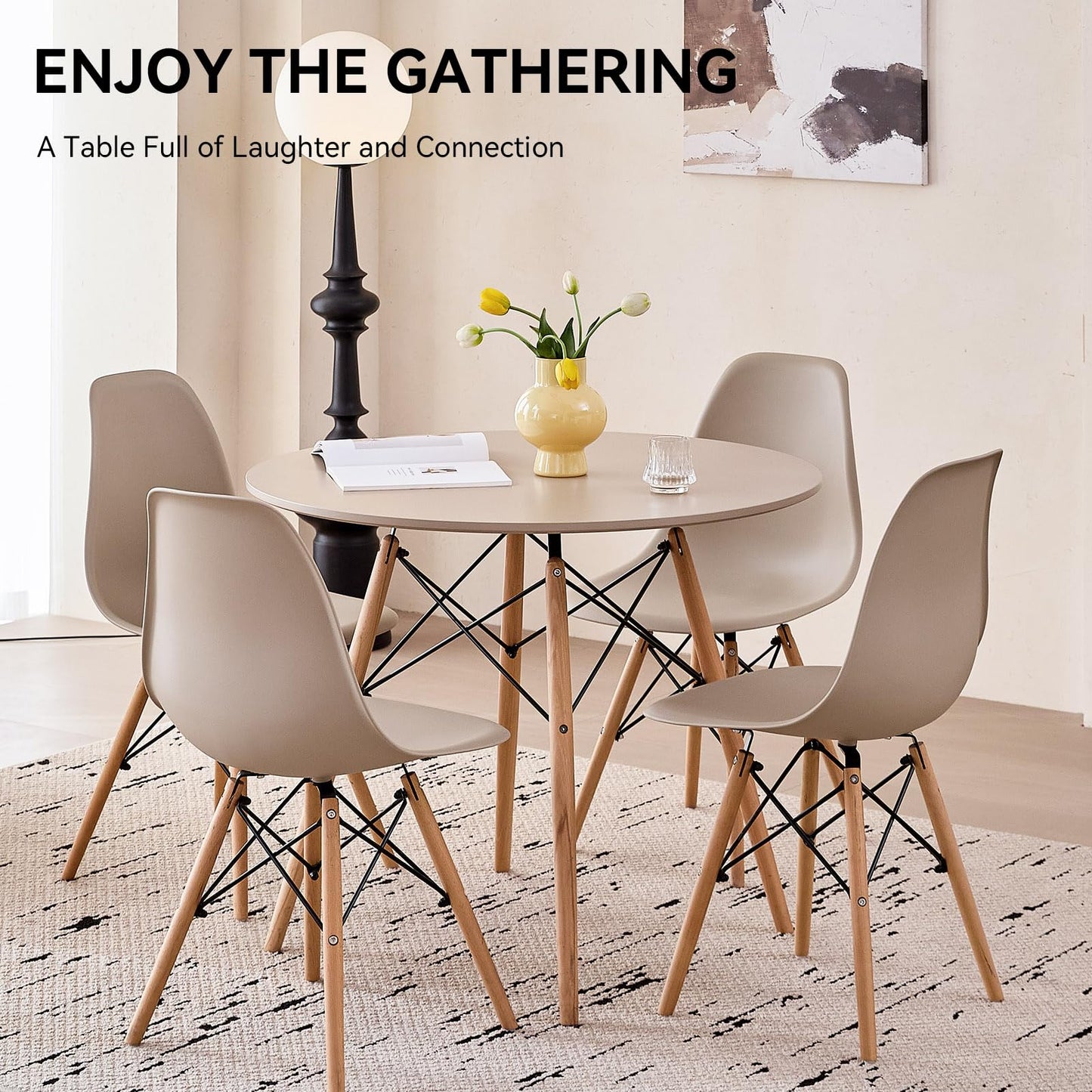 Lecafur HL 5-Piece Round Dining Table Set, Small 35.5" Kitchen Table Chairs Set of 4 Space Saving Furniture, Plastic Seats, Solid Wood Legs, for Living Room Apartment Office Home, Sand