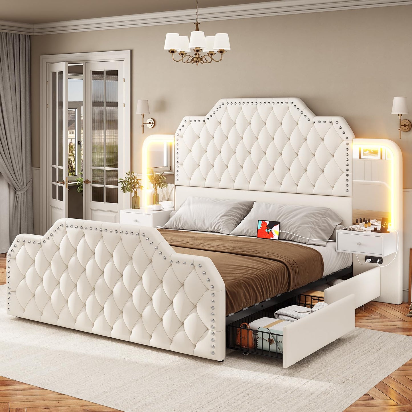Itaar Queen Bed Frame with 53" Tall Headboard and 4 Storage Drawers, PU Leather Upholstered Platform Bed Frame, Built in Charging Station & Led, 2 Nightstands with Mirror, White