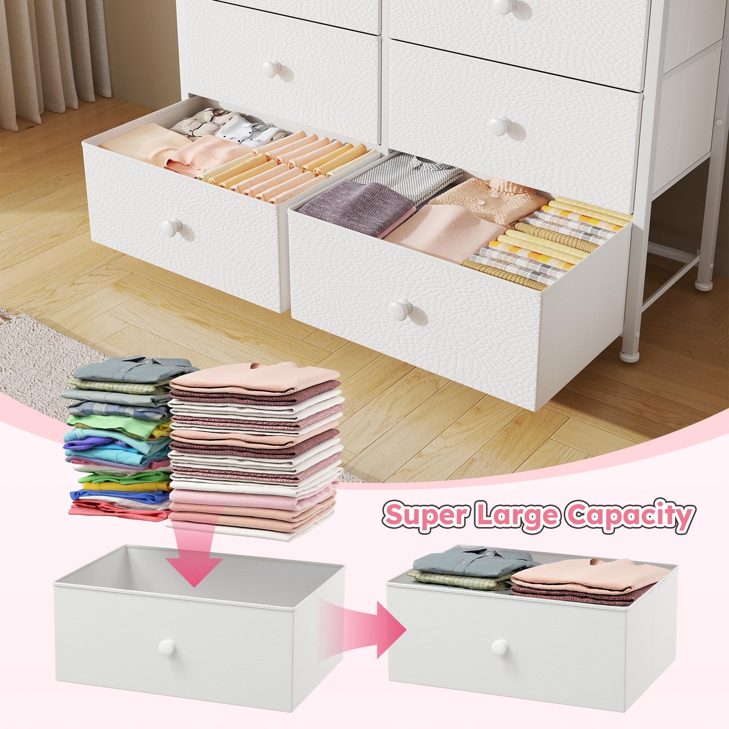 Dresser for Bedroom with 12 Drawers Tall Dressers for Bedroom Fabric Dressers & Chest of Drawers with Sturdy Metal Frame, Wood Top, for Girls, Closet, 40.6" W x 11.8" D x 44.5" H (White)