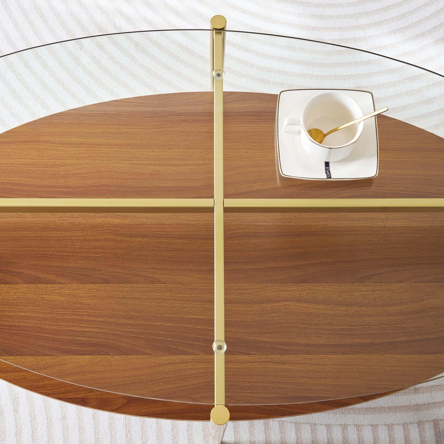 LumFurn Oval Glass Coffee Table, Mid-Century Modern Design, L43 x W22 x H17 inch, 2-Tier Structure, Olive Shaped Clear Glass Top and Walnut Finish Wood Shelf, Tapered Legs with Gold Finish Frame