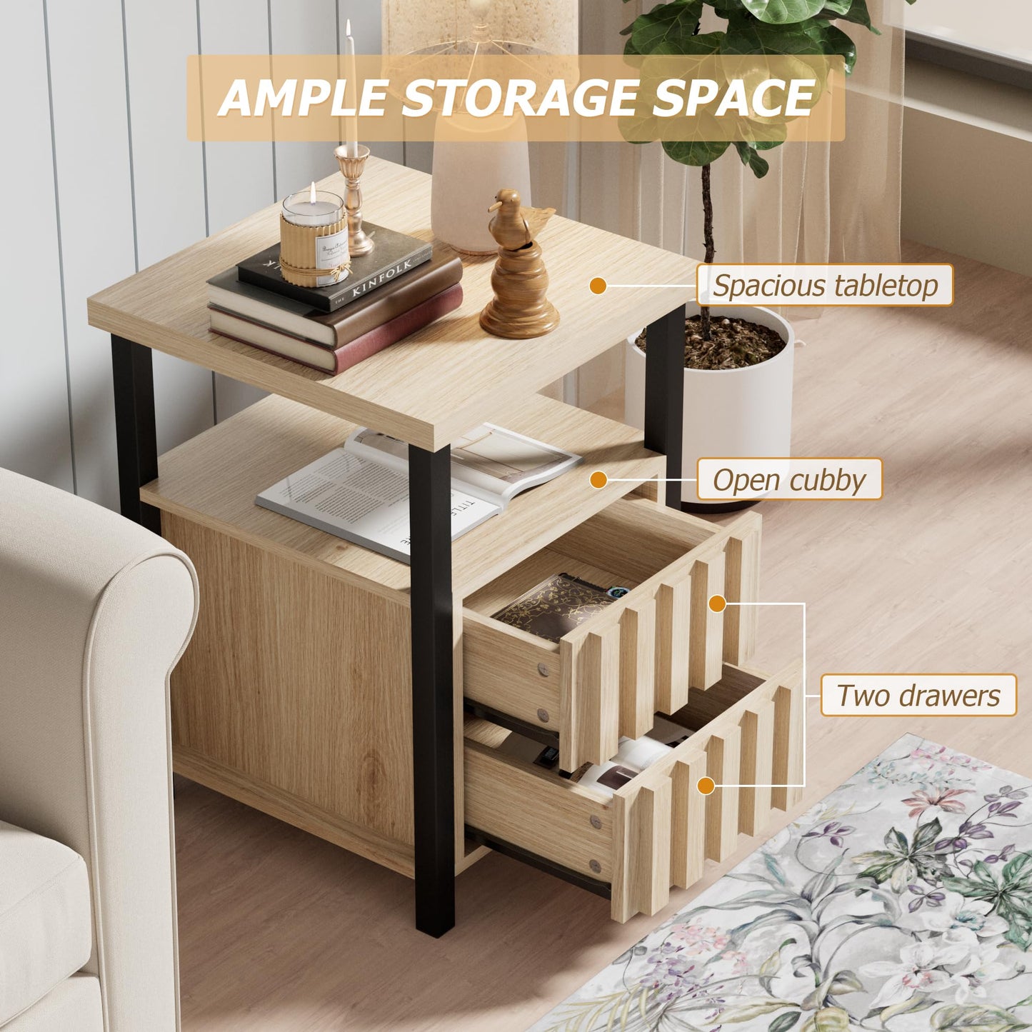 UEV Coffee Table Set of 3,Living Room Table Set,Mid Century Coffee Table,End Side Tables Set of 2 with 2 Drawer for Living Room & Bedroom,Ivory White