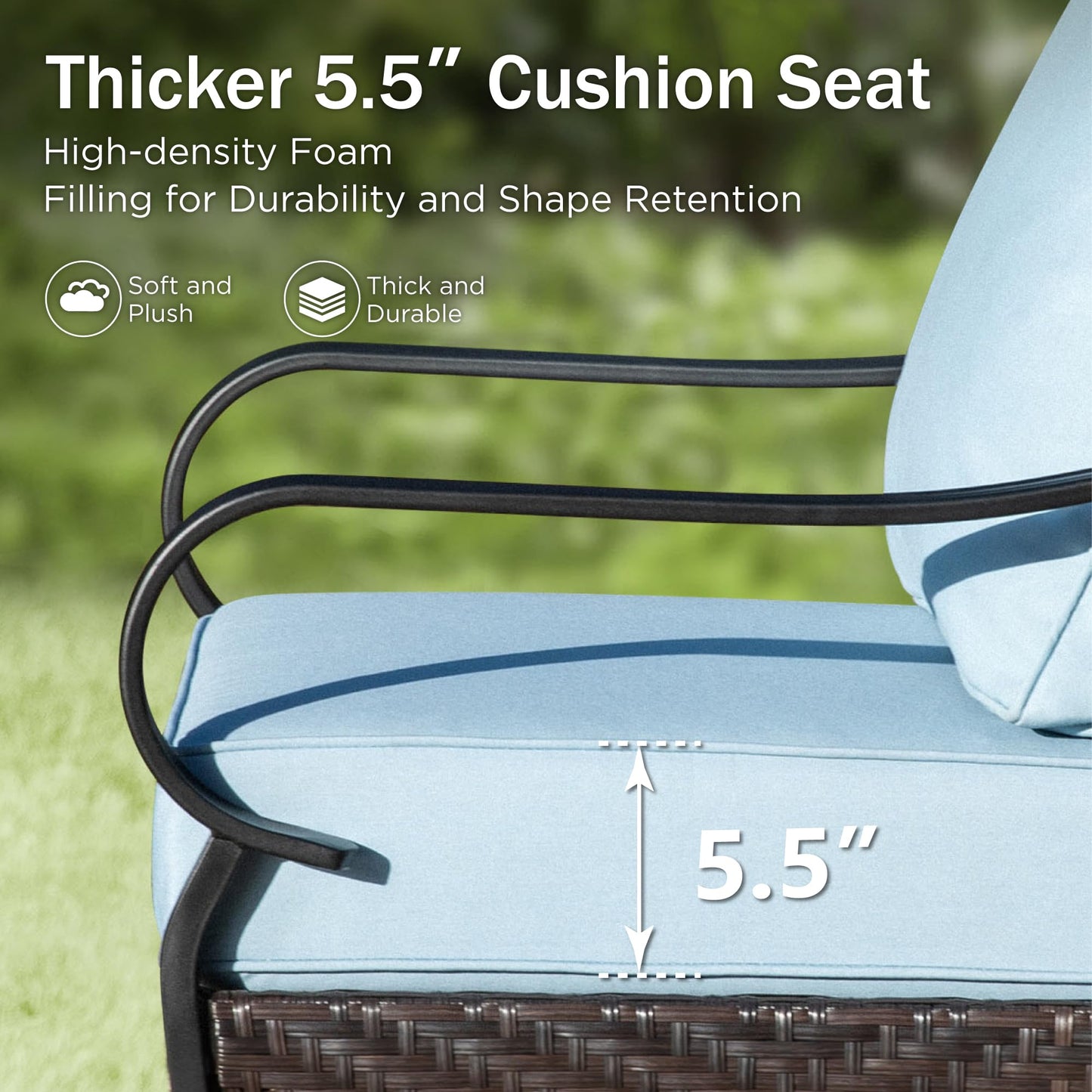 PHI VILLA Wicker & Metal Outdoor Patio Couch,3-Seat Patio Sofa with Deep Seating for Front Porch, Deck, Balcony, Backyard, Sunroom,Blue