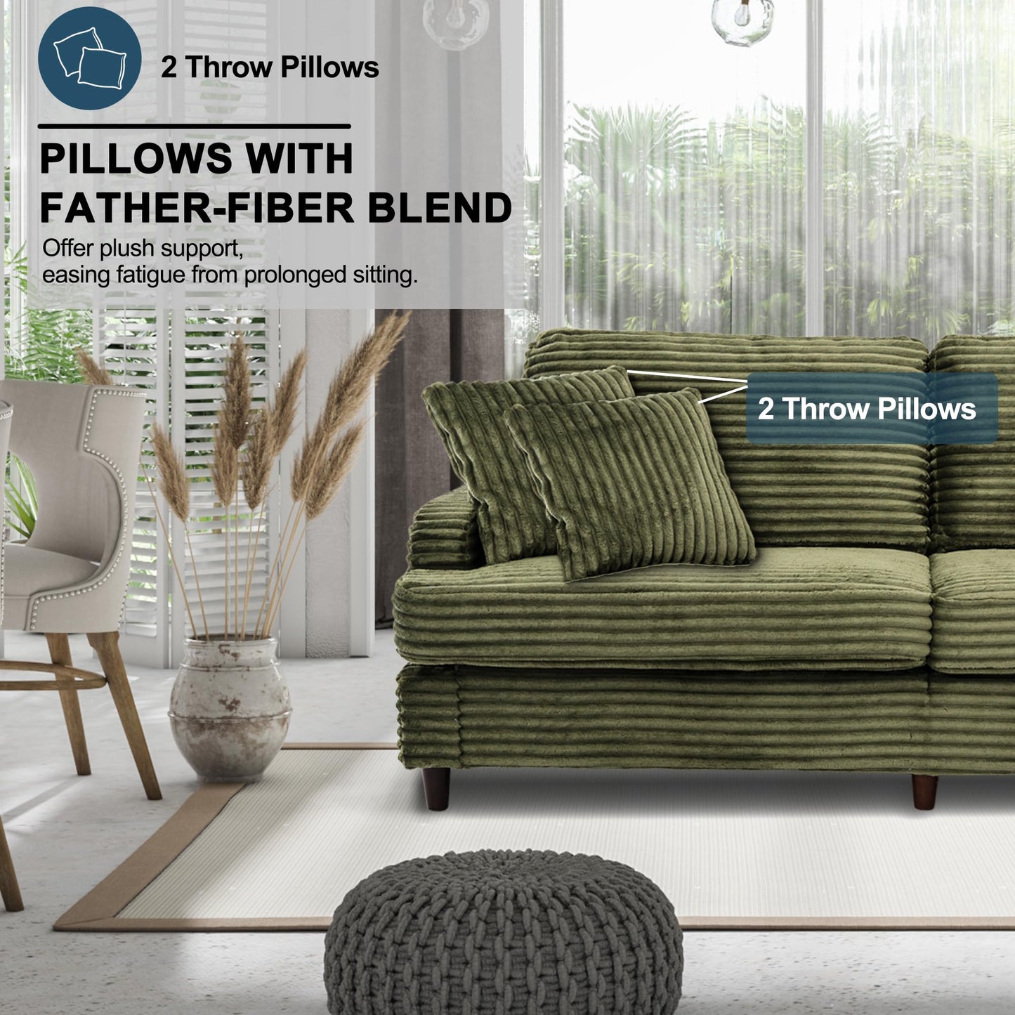Ribilake 80 Inch Sofa Couch, Comfy Love Seat Couches for Living Room, Mid Century Modern Oversized Two Seater Couch, Plush Corduroy Deep Seat Sofas for Bedroom, Small Space Apartment, Green