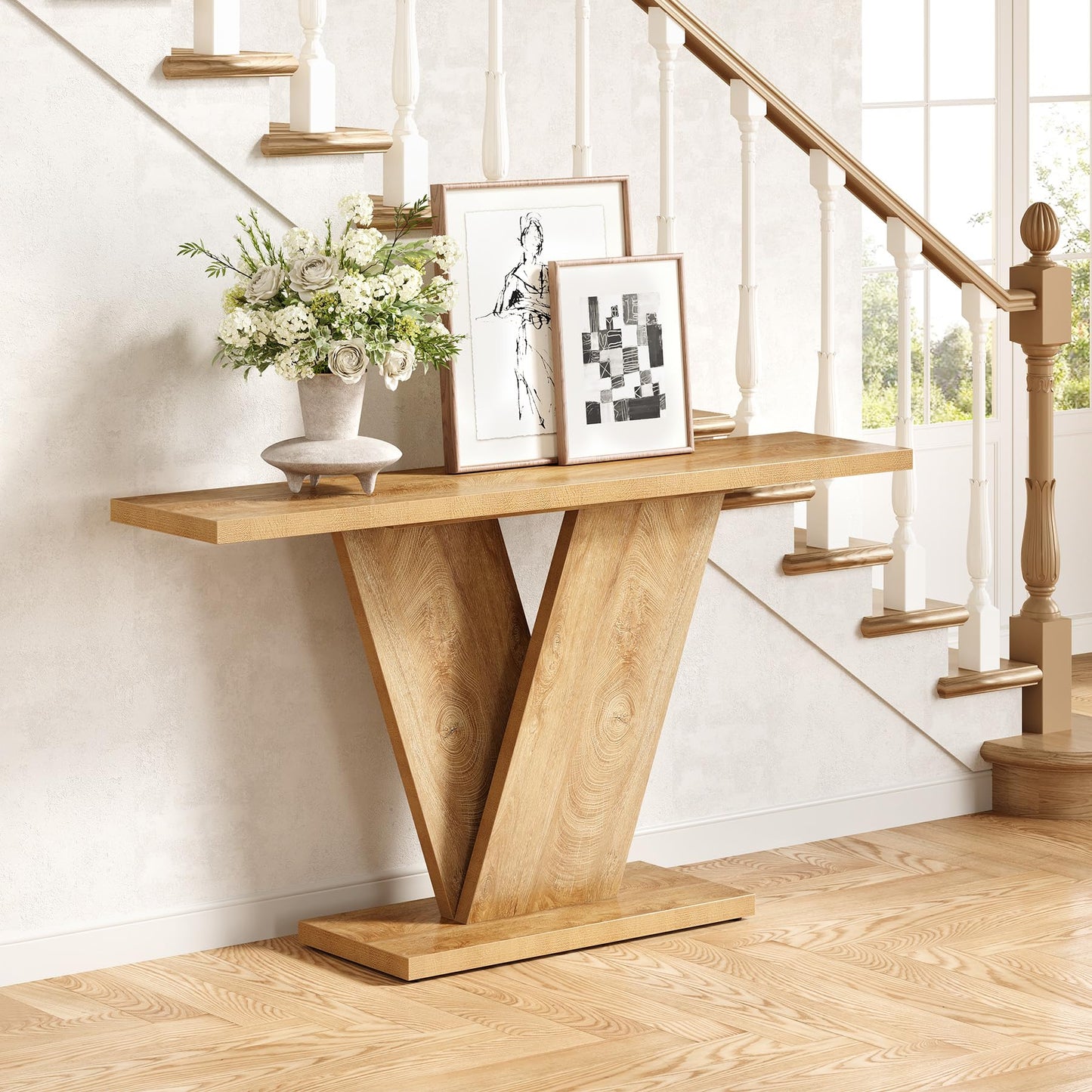 LITTLE TREE 63-Inch Console Table, V-Shaped Pedestal Side Table, Versatile Rectangular Farmhouse Sofa Table Entryway Console Table for Living Room, Hallway, Entrance, Brown