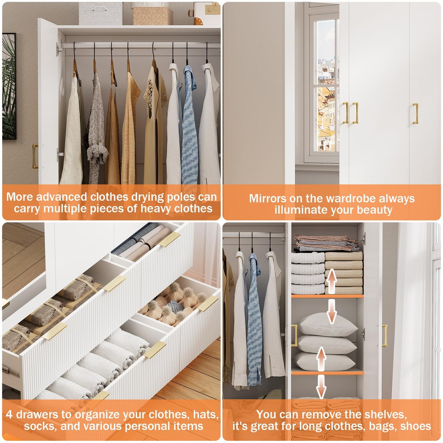 PAKASEPT Armoire Wardrobe Closet with 3 Door, Bedroom Armoires with Mirror and LED Lights, Hanging Rod, Drawers, Large Capacity Storage Wardrobe Armoire for Bedroom