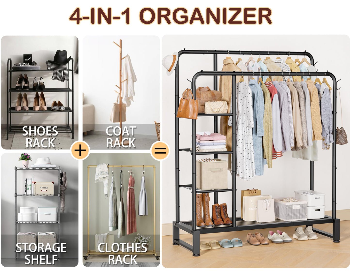 Double Rods Clothes Rack Clothing Rack with 4 Tier Storage Shelves Clothes Rack for Hanging Clothes Multifunctional Heavy Duty Clothes Organizer with Hooks for Bedroom,Wardrobe Closet,Shop,Black