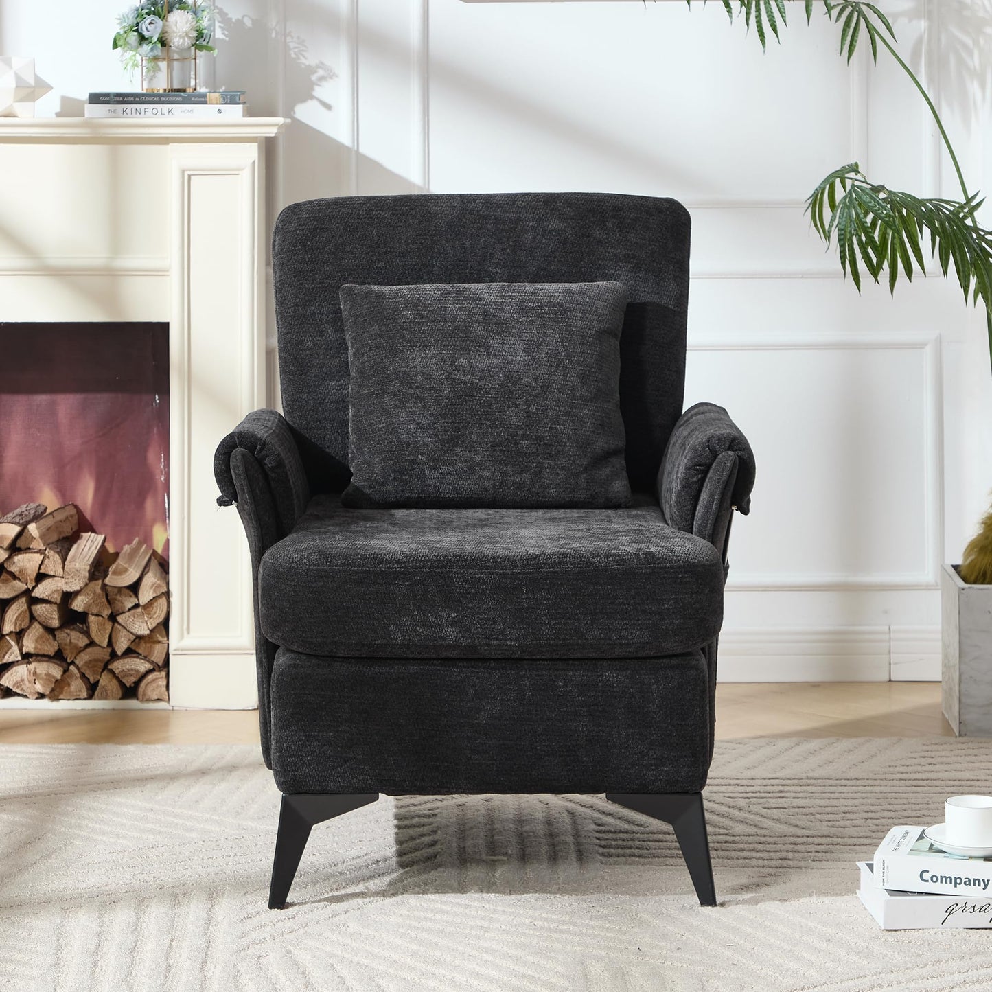 KCC Mid-Century Accent Chairs Set of 2,Chenille Modern Upholstered Living Room Chair,Cozy Armchair with Back for Bedroom/Office/Cafe,Black