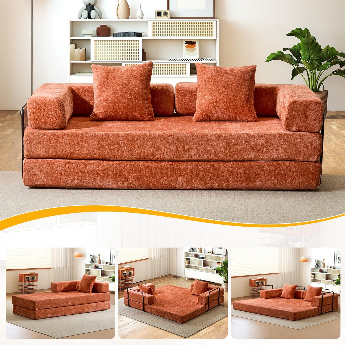 Convertible Folding Sleeper Sofa Bed, Boneless Couch with Fixed-Shape Frame, Compression Foam Sofa, Futon Foldable Mattress, Pull Out Couch Bed for Living Room Bedroom Lounge(Chenille, Orange)