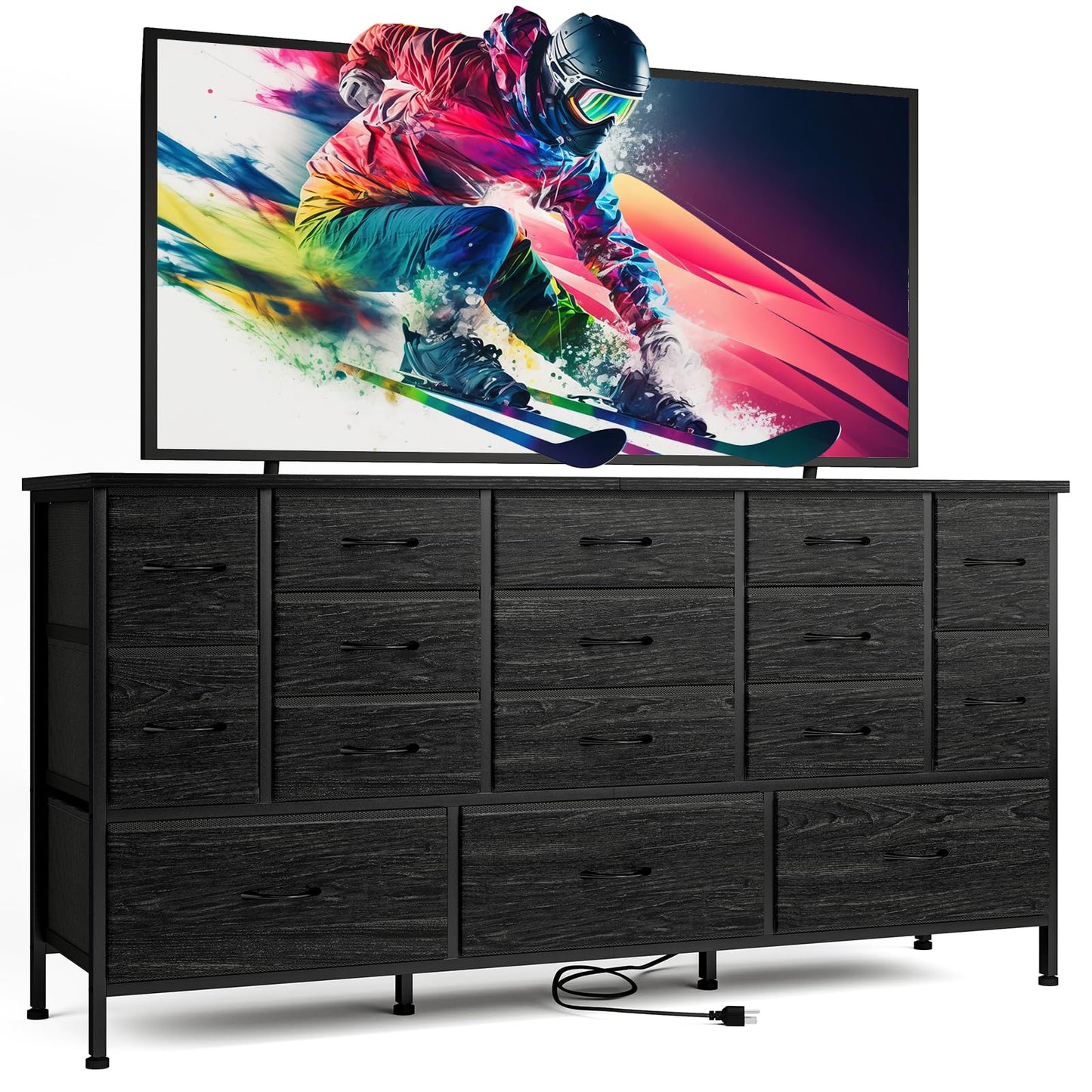 Fixwal 63.3 Inch TV Stand for 65 55 Inch TV Long Black Dresser for Bedroom, 16 Drawer Dresser with Power Outlets, Fabric Chest of Drawers for Bedroom, Entryway, Black
