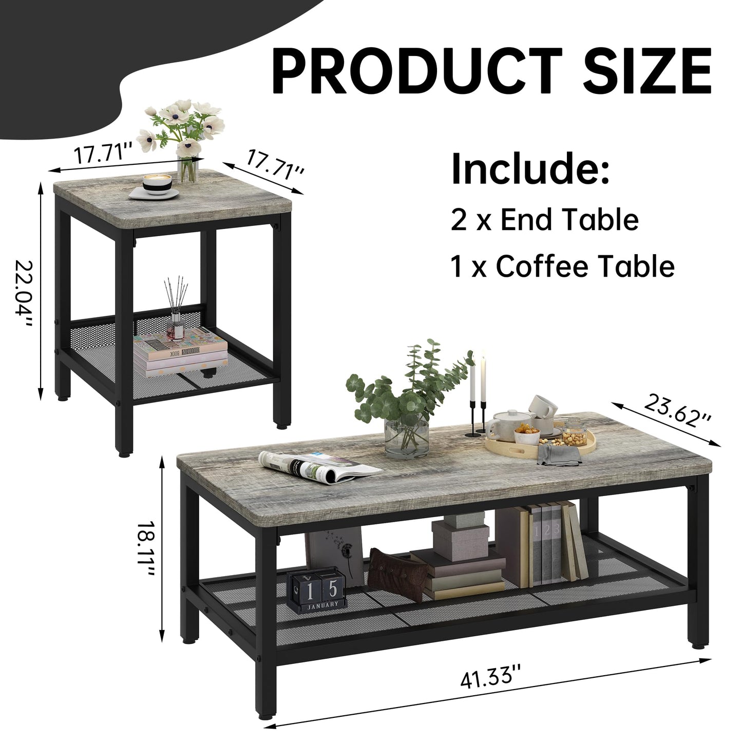 Lamerge 3 Pieces Living Room Table Set, Industrial Coffee Table with 2 Square End Side Tables, Coffee Table Set with Metal Frame for Apartment Home Office (Grey)