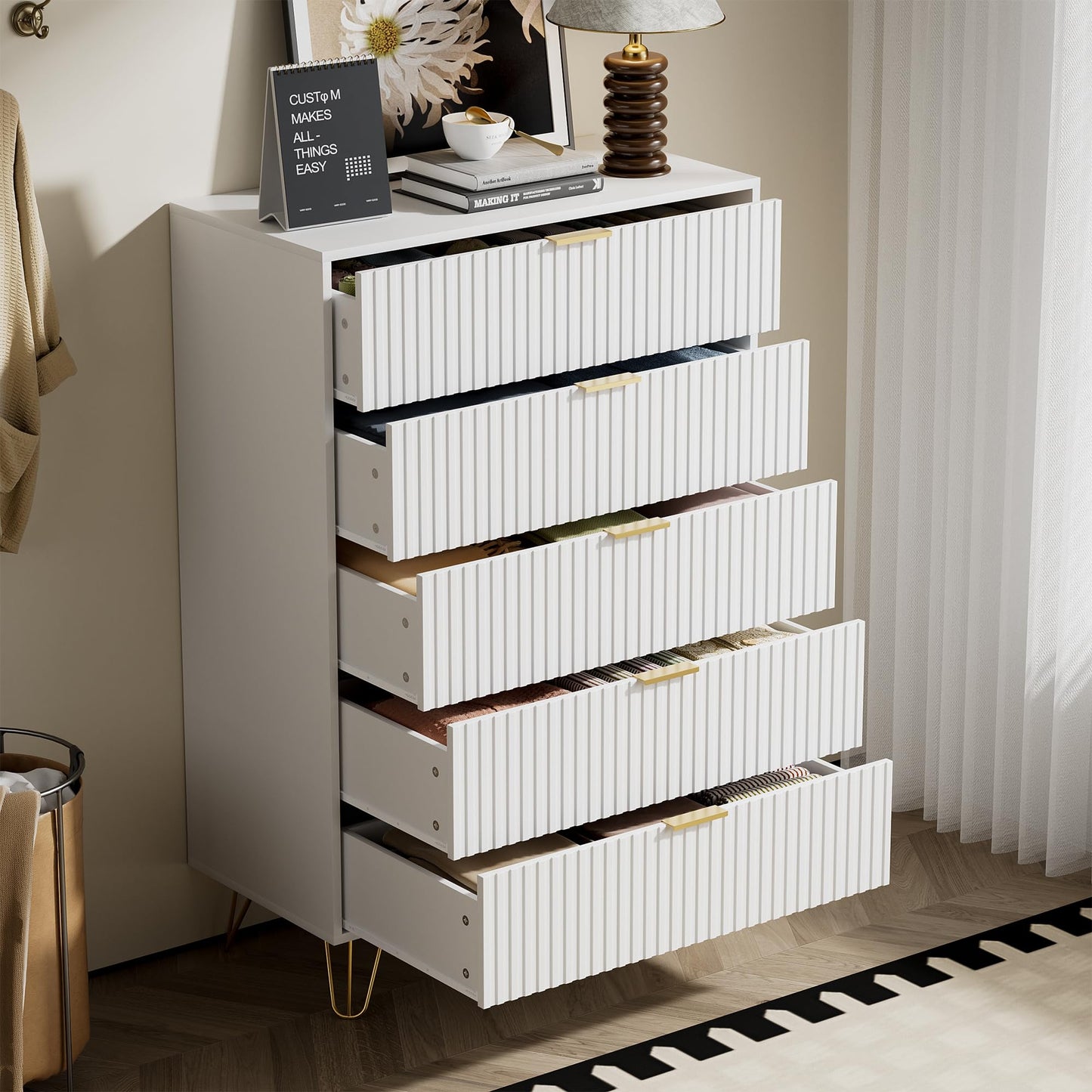 Furniway White Dresser for Bedroom, Fluted Modern Dresser with Gold Pulls and 5 Drawers, 15.7" D x 31.5" W x 47.2" H