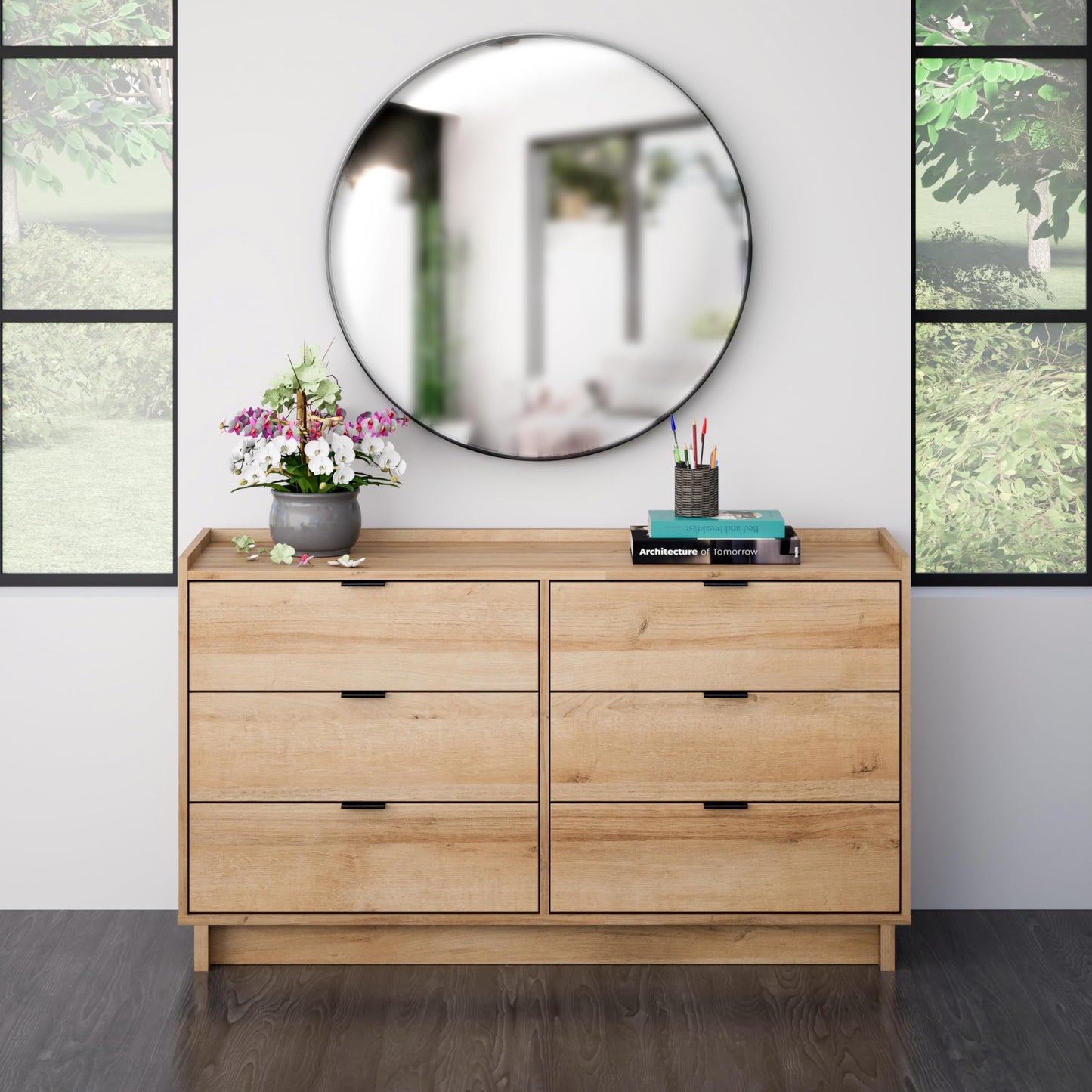 Prepac Simply Modern 6-Drawer Double Dresser for Bedroom, Chest of Drawers, Modern Bedroom Furniture, 52.5” Wide x 16” deep x 29.5” Tall, Oak
