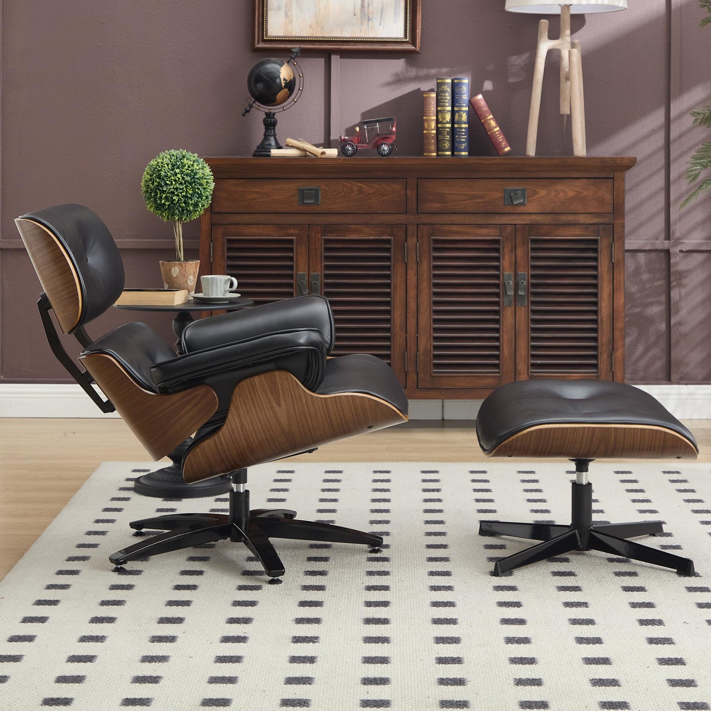 KEEZY Mid-Century Modern Lounge Chair and Ottoman Set, Classic PU Leather Upholstery, Walnut Wood Trim, 360° Swivel, Ergonomic Tilt Function, Perfect for Living Rooms, Home Offices (Black)