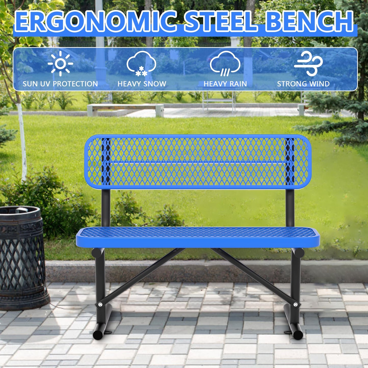 HIMcup 4 Feet Park Benches for Outside,Heavy Duty Patio Garden School Commercial Benches, Weatherproof Outdoor Bench Metal Blue Outdoor Bench, Outdoor Steel Bench with Backrest,48x23.2x32.5inch