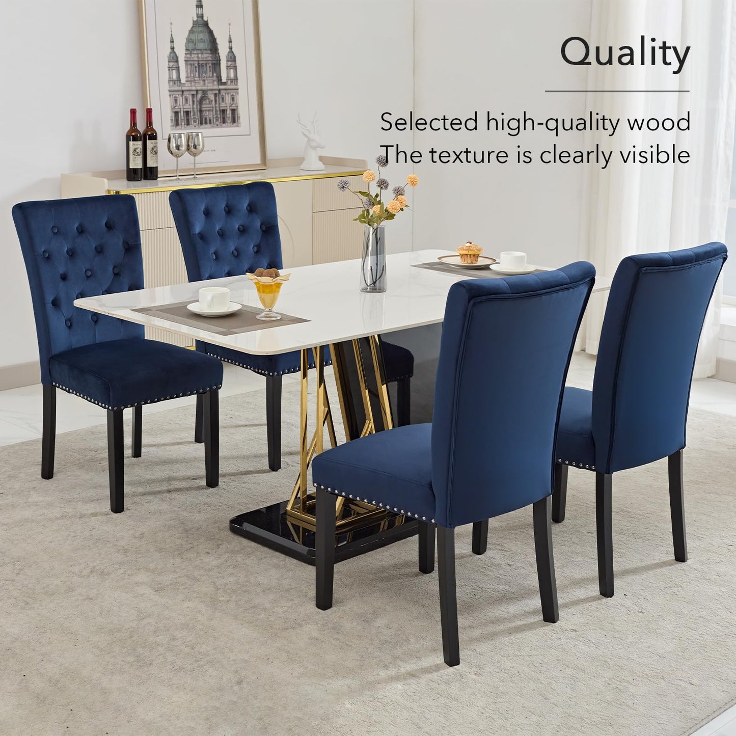 adochr Velvet Dining Kitchen Chair Set of 6, Parsons Upholstered Dining Room Chair, Wood Accent Chair with Nailed Trim, Blue