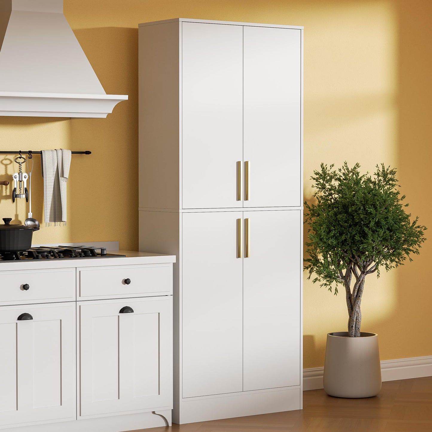 Housoul 71" Tall Pantry Cabinet with 4 Doors, Kitchen Pantry Storage Cabinet, Freestanding Larder Cupboard, Kitchen Hutch with Gold Handles for Dining Room, Bathroom, White