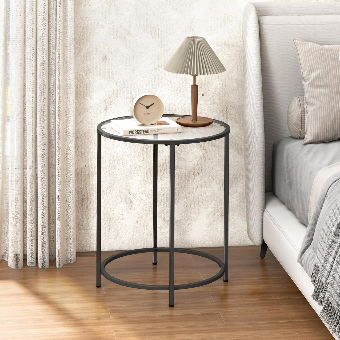 Livofloral 19.7’’ Round Glass End Table, Round Bedside Table with Tempered Glass Top, Black Glass Side Table with Metal Frame, Modern Round End Table for Living Room Balcony Bedroom Porch Patio