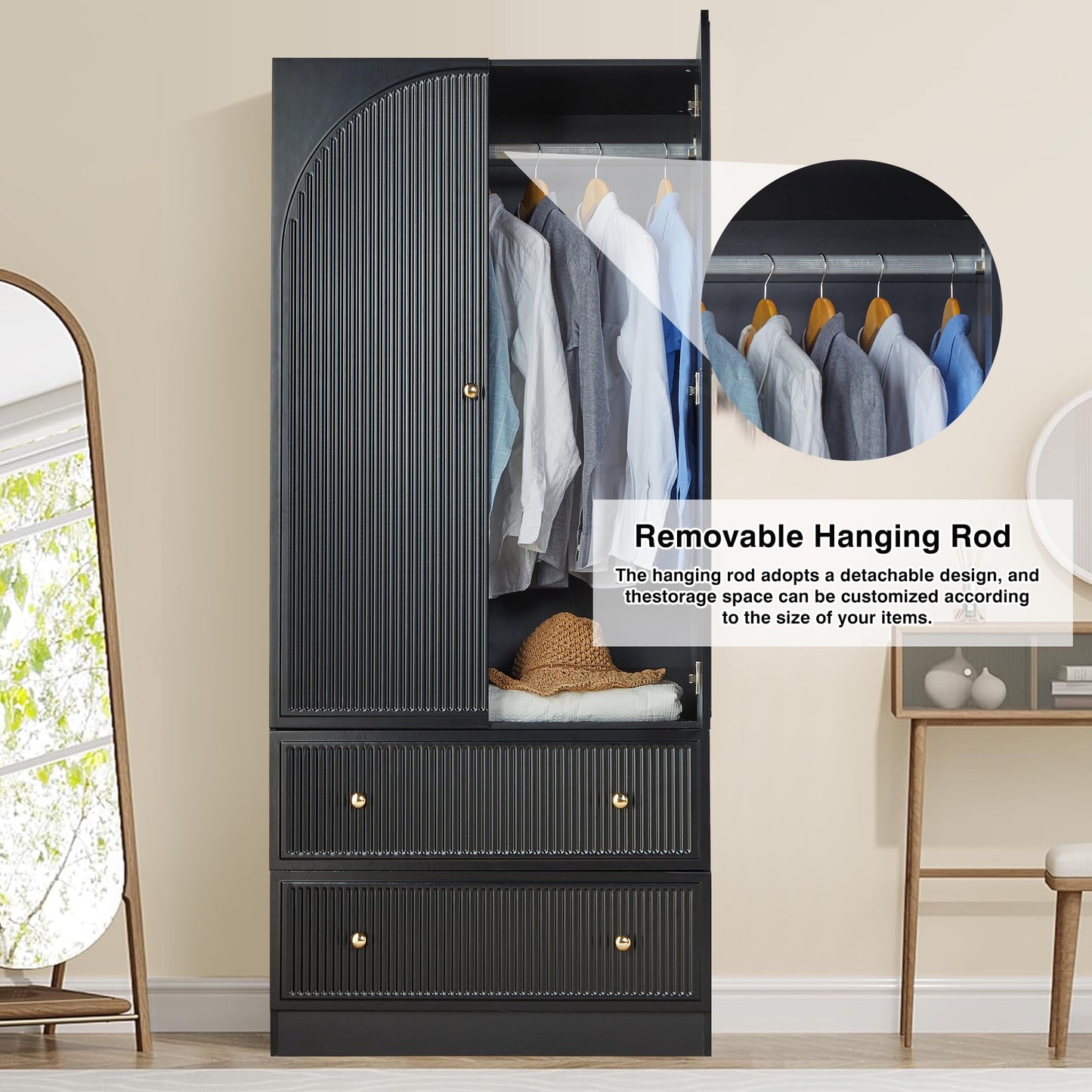 ORRD Black Freestanding Armoire Wardrobe Closet with 2 Doors and 2 Storage Drawers, Large Capacity Wardrobe Cabinet, Wooden Closet for Bedroom