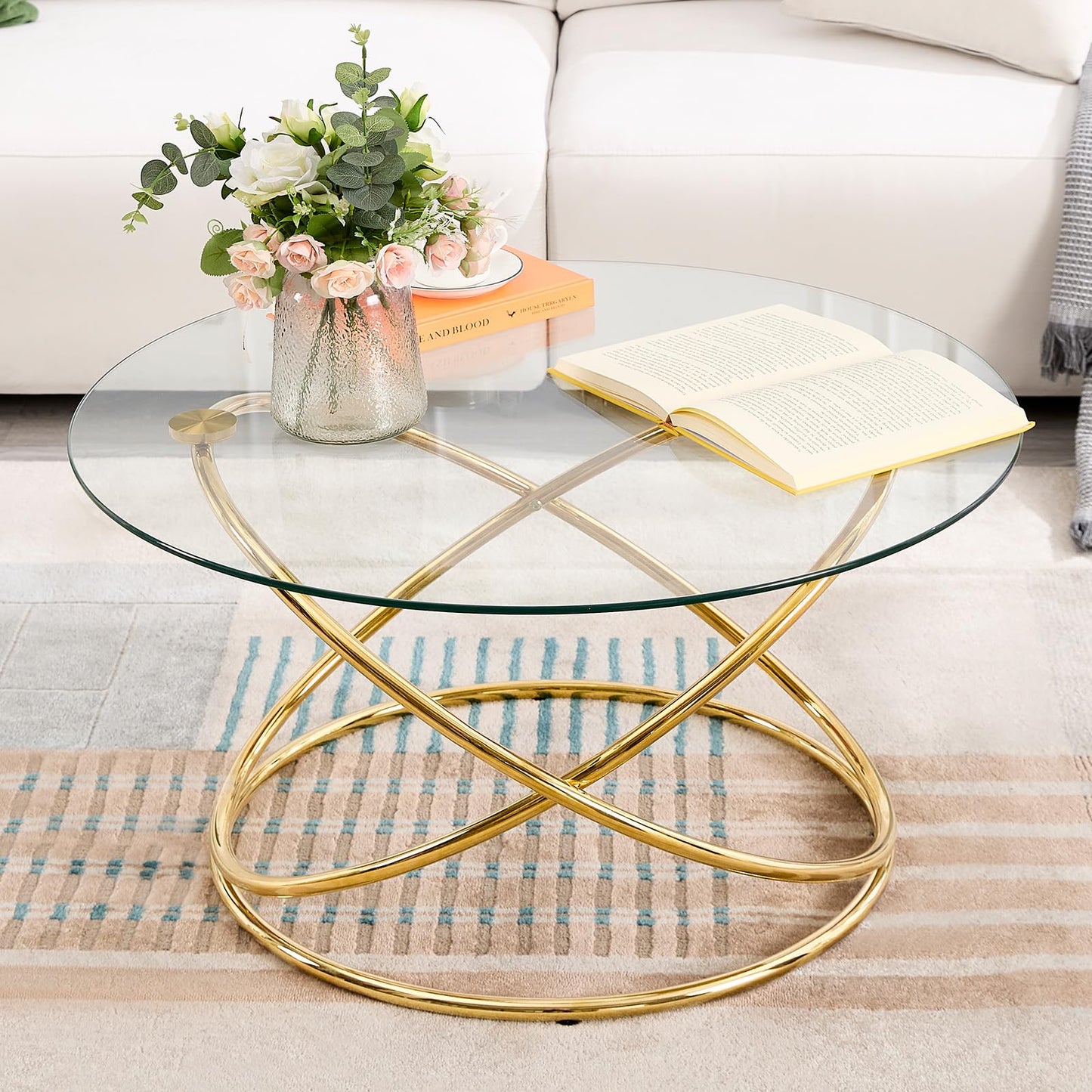 BECHAEO 31.5'' Round Glass Coffee Table with Gold-Plating Bright Metal Oval Frame, Modern Circle Gold Coffee Table for Living Room