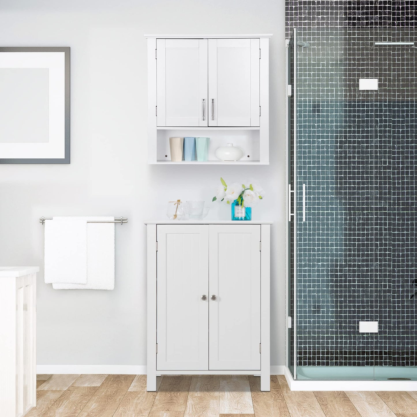 SUPER DEAL Modern Bathroom Floor Storage Cabinet with Adjustable Shelf and Double Door Rust Proof, Living Room Modern Home Furniture Storage Organizer Cabinet