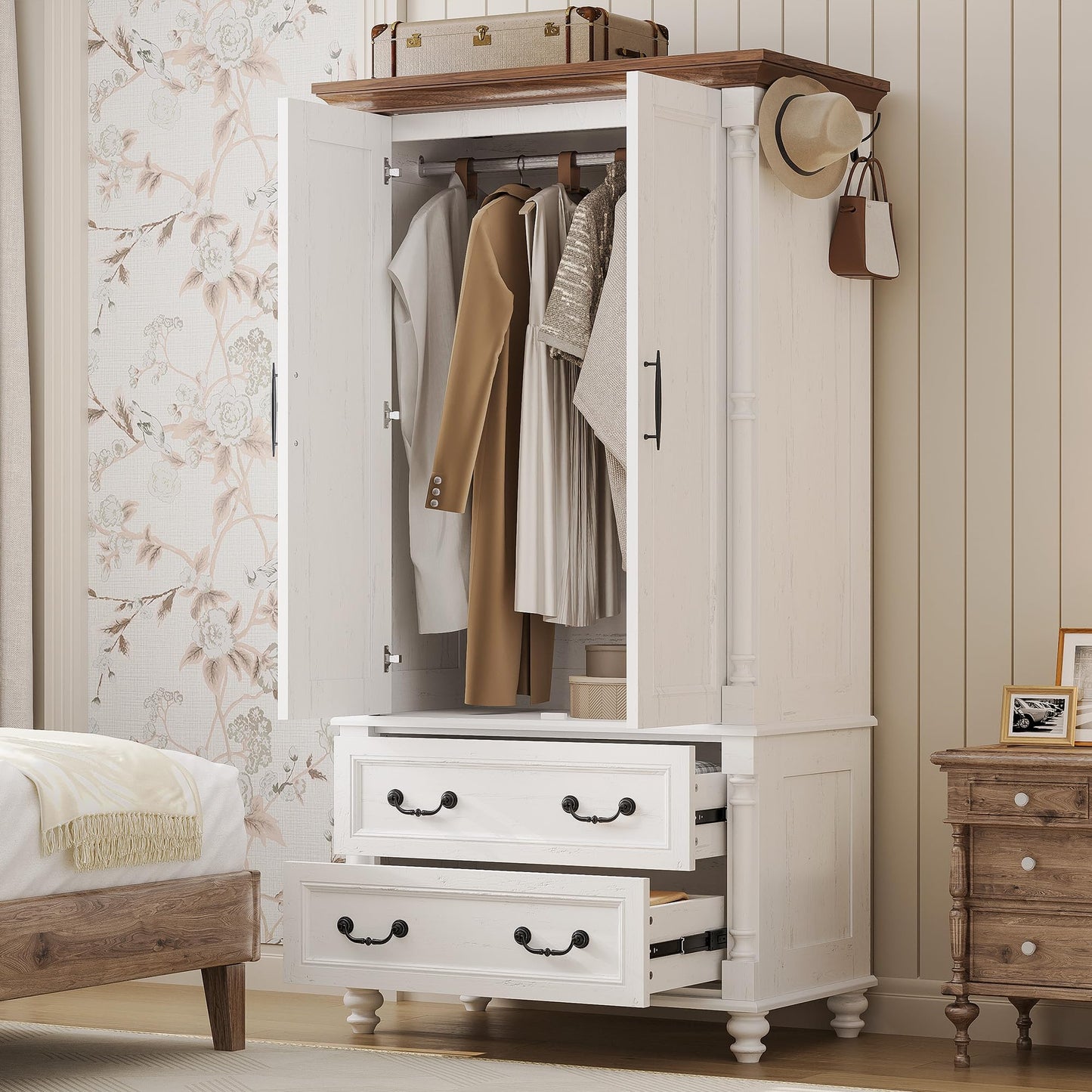 LIKIMIO Farmhouse Armoire Wardrobe Closet with 2 Doors and 2 Drawers, 70" H x 36" W, Large Bedroom Armoire with Roman Column and 3 Hanging Hooks, Wooden Freestanding Closet Cabinet, White