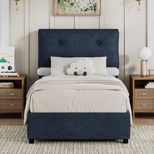 CHABUILDREARK Blue Twin Bed Frame, Upholstered Boucle Platform Bed with Headboard, Cloud Bed Frames with Soft Headboard, Wooden Slats Support, No Box Spring Needed, Easy Assembly, Navy Blue