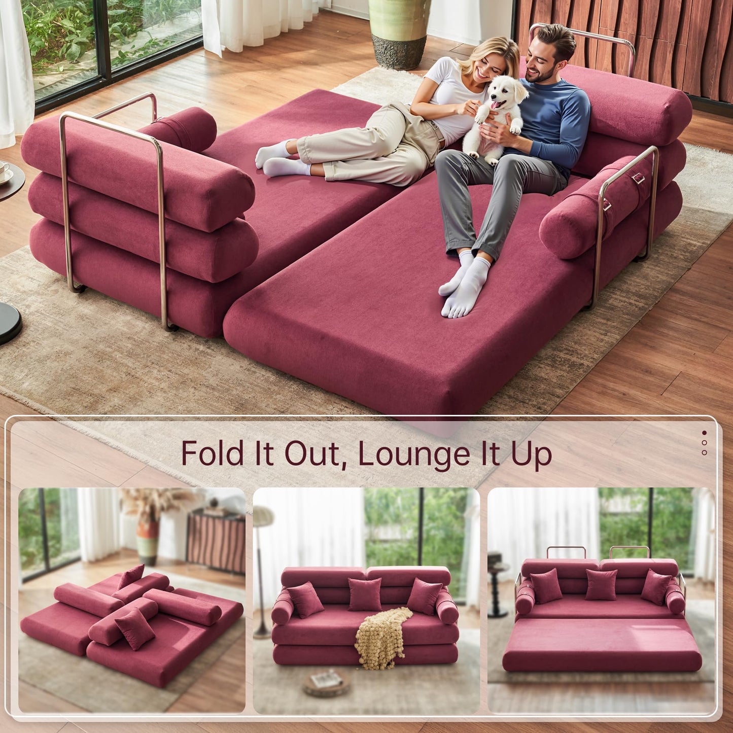 YINIX Convertible Sleeper Sofa - 35'' High-Back Floor Couch Bed - Folding Sofa Bed with Rounded Arm Supports - Floor Sofa Lounge Sofa Bed for Living Room Bedroom - Wine Red