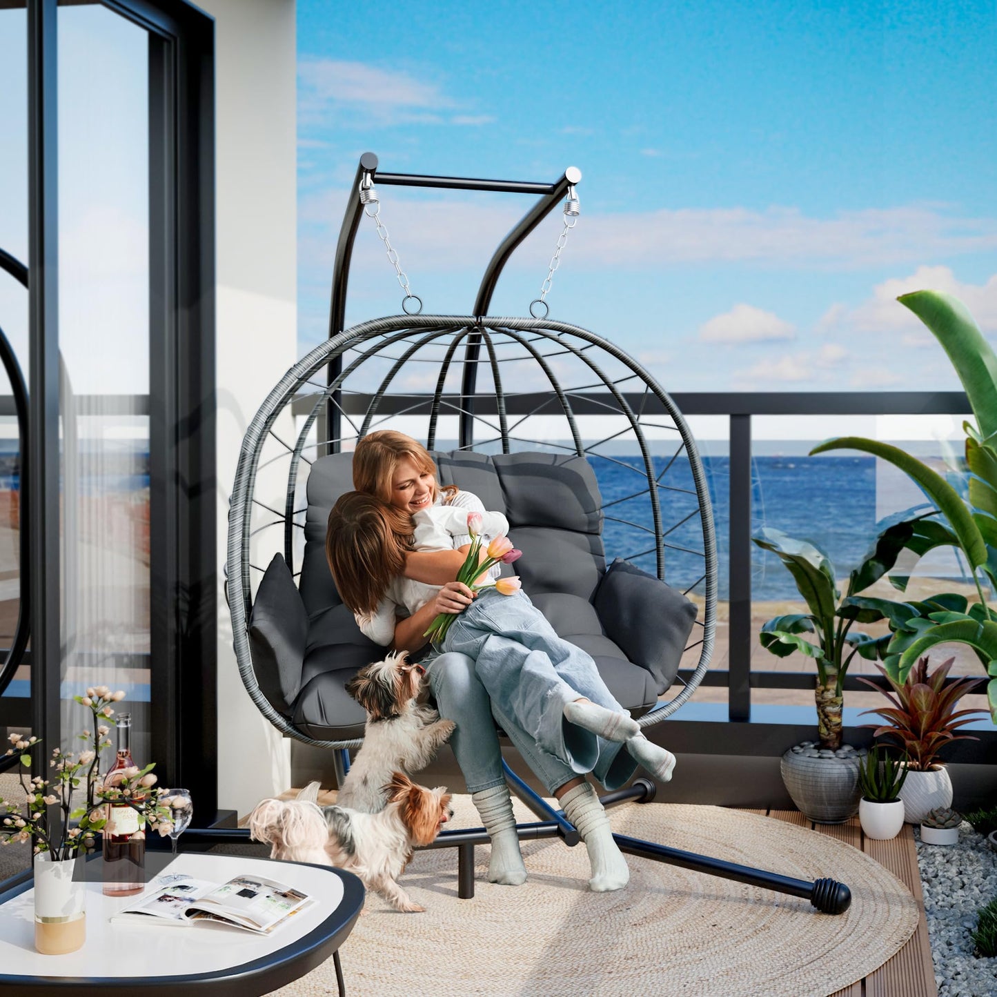 Pamapic Double Egg Chair wth Stand, 700 LBS Loveseat Rattan Swing Chair, UV Resistant Cushions with Armrests and Headrest, Thick Steel Frame Hammock Swing for Outdoor, Patio, Indoor(Grey)