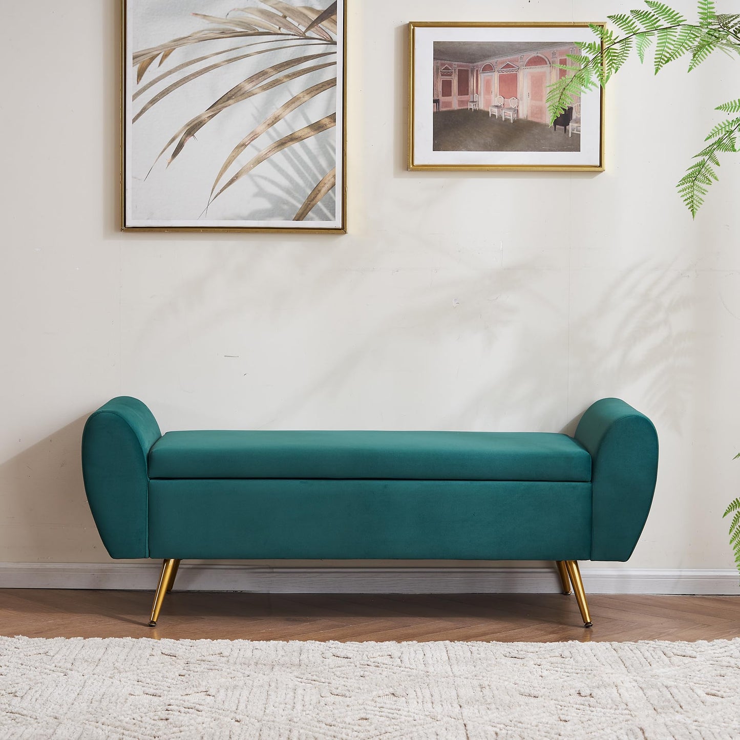 AIITTCC Storage Bench for Bedroom, 57" Extra Long Bench for King Size Bed, Modern Upholstered End of Bed Ottoman Bench with Arms for Entryway Living Room (Velvet, Green)