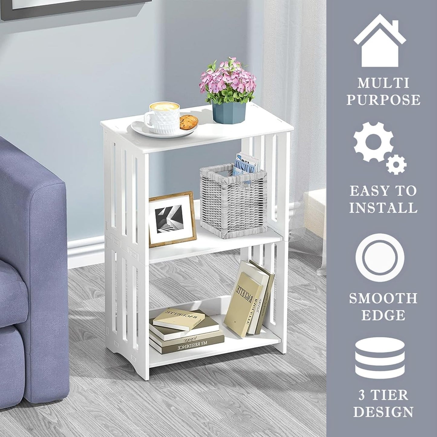 HAYOFAMY 3-Tier End Table Nightstand White, Narrow Side Table with Storage Shelf, Small Bookshelf Bedside Table for Bedroom, Living Room, Office, Bathroom