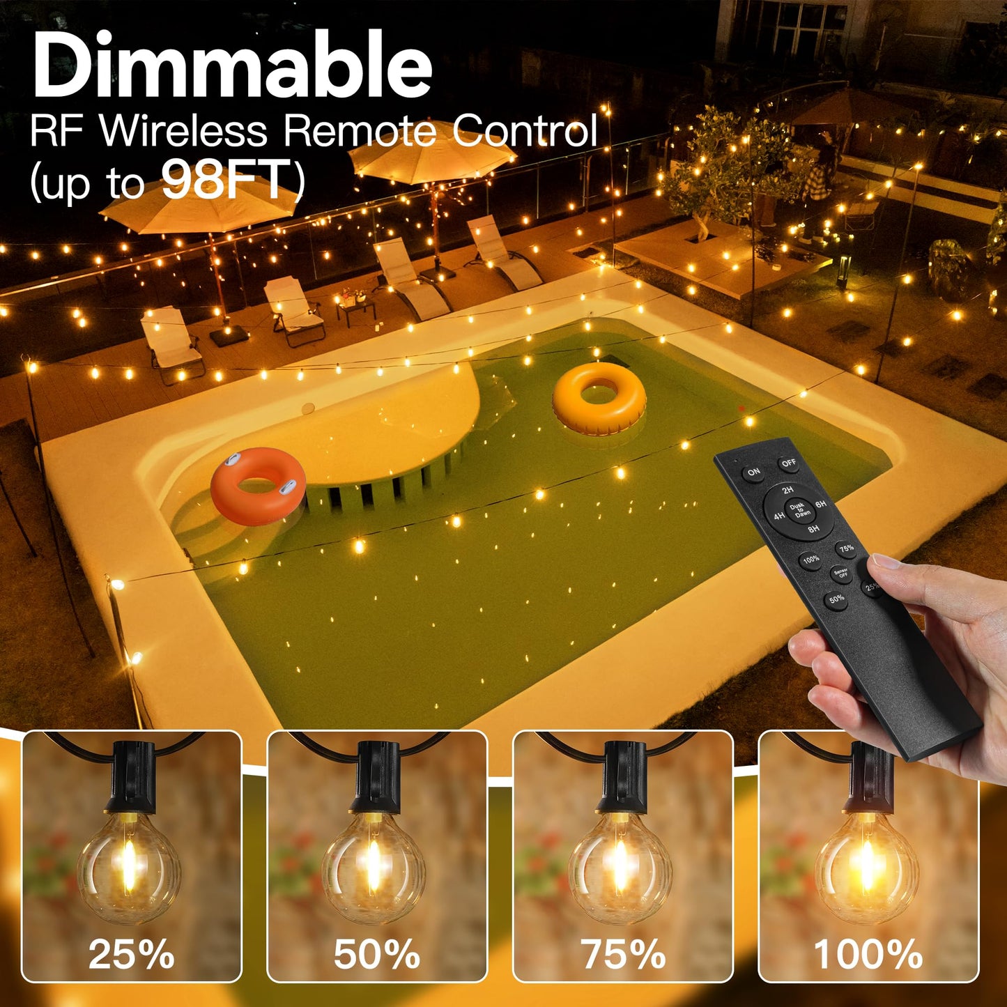 Ccinny Outdoor Lights with Remote Dimmer, 50 + 3 Spare G40 LED Bulbs Plug in Connectable Patio Light, Waterproof Hanging Lights for Backyard Indoor Camping Balcony Yard Deck Decor (100 FT)