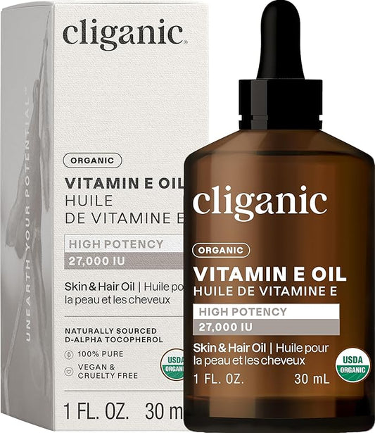 Cliganic Organic Pure Vitamin E Oil for Skin, Hair & Face - 27,000 IU, Non-GMO Verified | Natural D-Alpha Tocopherol (Packaging May Vary)