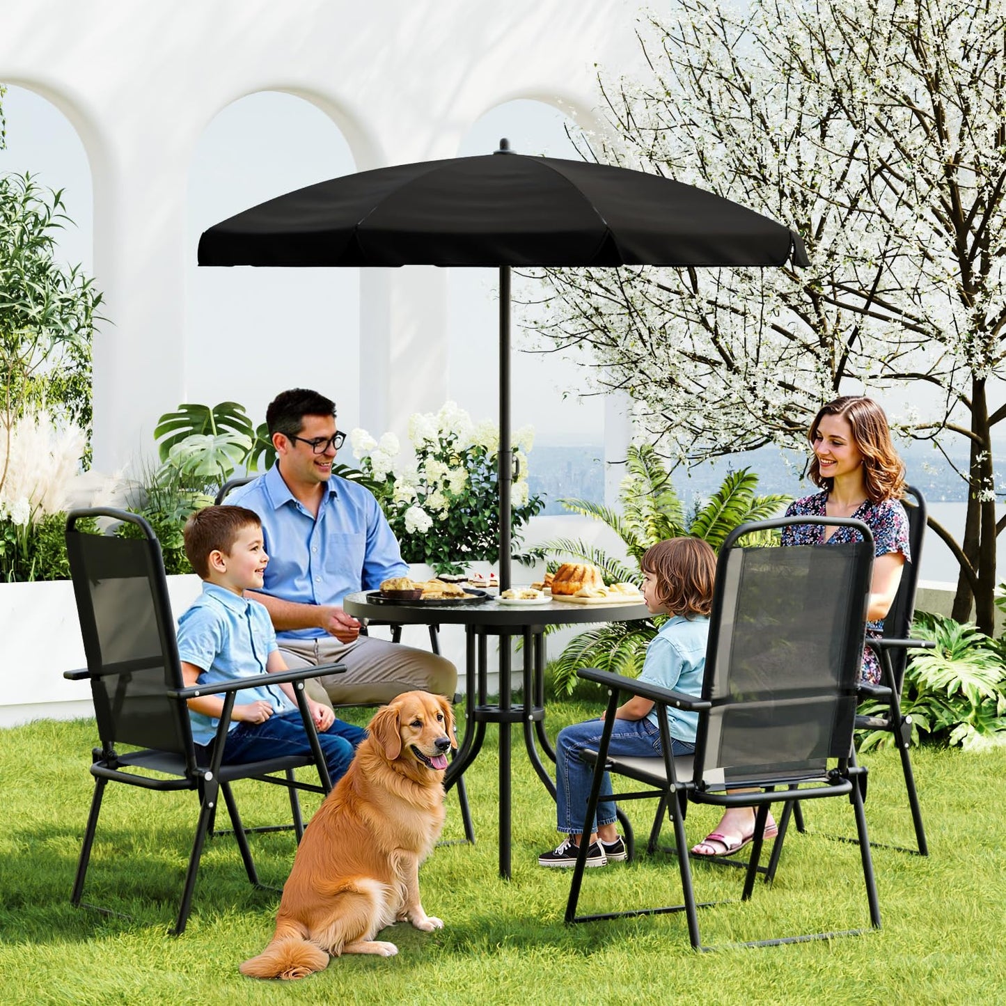 TAVATA 6 Piece Patio Dining Set with Umbrella, Outdoor Furniture Set with 4 Folding Chairs & Portable Metal Garden Table for Lawn, Backyard, Deck, Camping（Black）