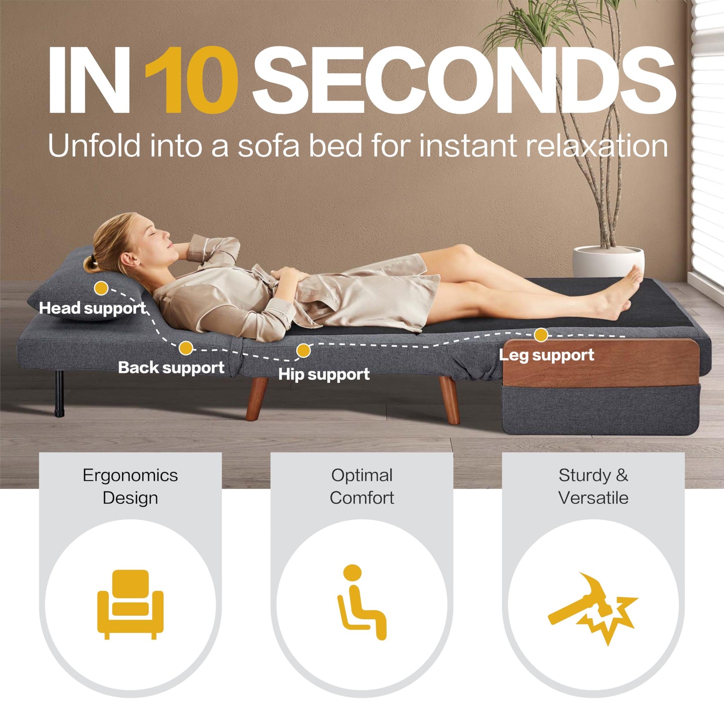 CITTANEO Convertible Sleeper Chair, 3-in-1 Chair Bed Sleeper for Adults with 3-Position Adjustable Backrest, Pillow and Wooden Arms, Folding Sofa Bed for Apartment, Dorm, Office, Gray