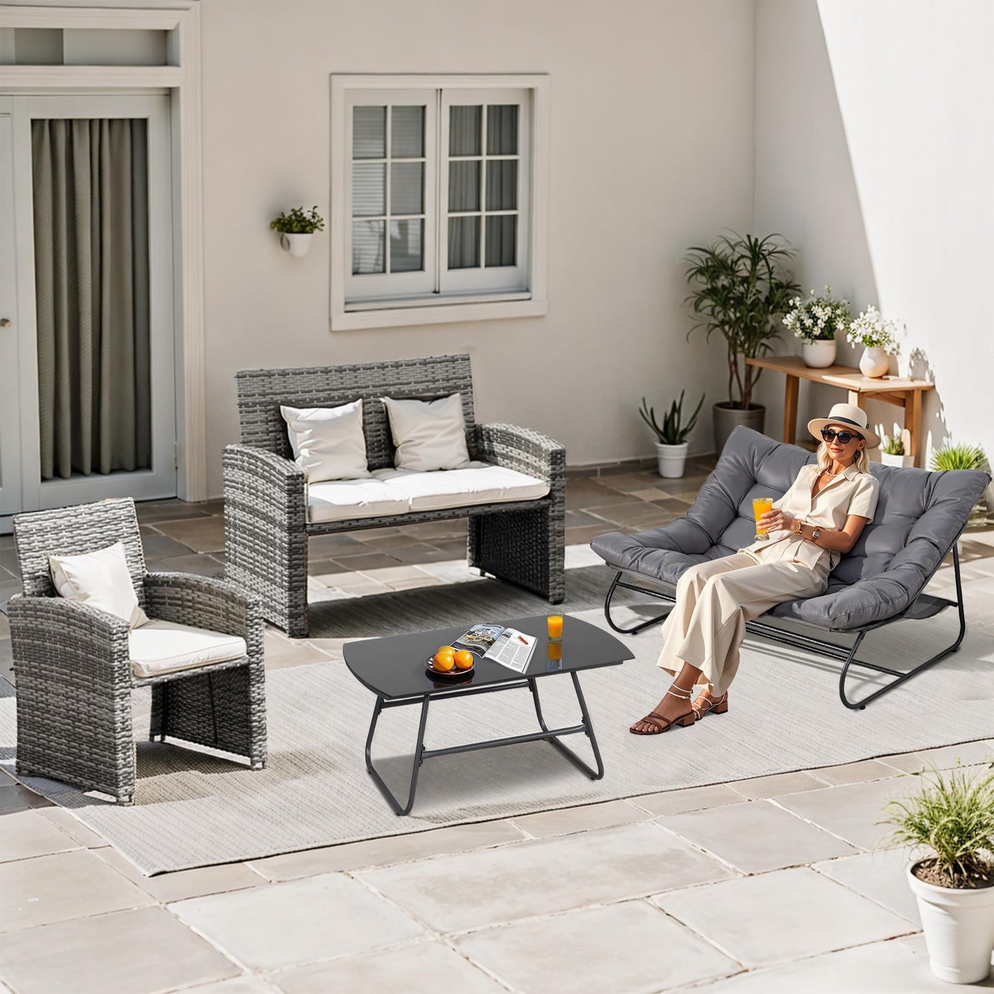 Patio Loveseat with Coffee Table, 2 Seater Oversized Outdoor Couch with Soft Cushion, 2 Pieces Patio Furniture Set, Outdoor Indoor Loveseat with Metal Frame for Porch, Garden, Living Room, Balcony