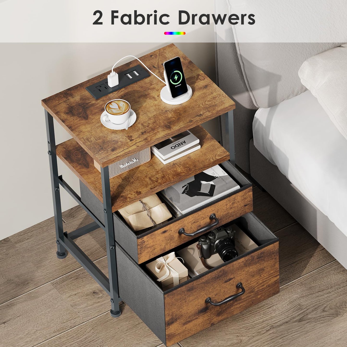 YeTom Nightstand with Charging Station Set of 2, LED Night Stand with 2 Fabric Drawers, Side Table with Open Shelf, End Table with Steel Frame, 2 Drawer Dresser for Bedroom, Brown