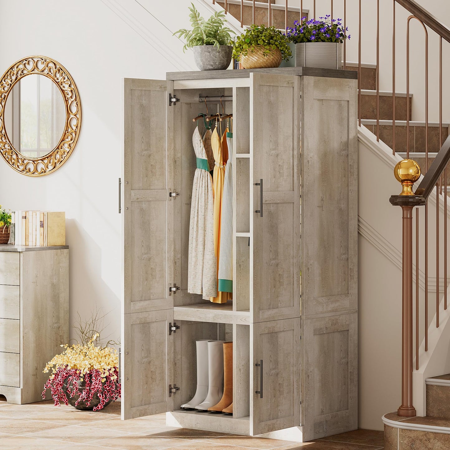 LIKIMIO Large Wardrobe Closet, Farmhouse Clothing Storage Cabinet with Hanging Rod and 2 Doors, Wooden Tall Bedroom Armoires with Storage Shelves, Rustic White
