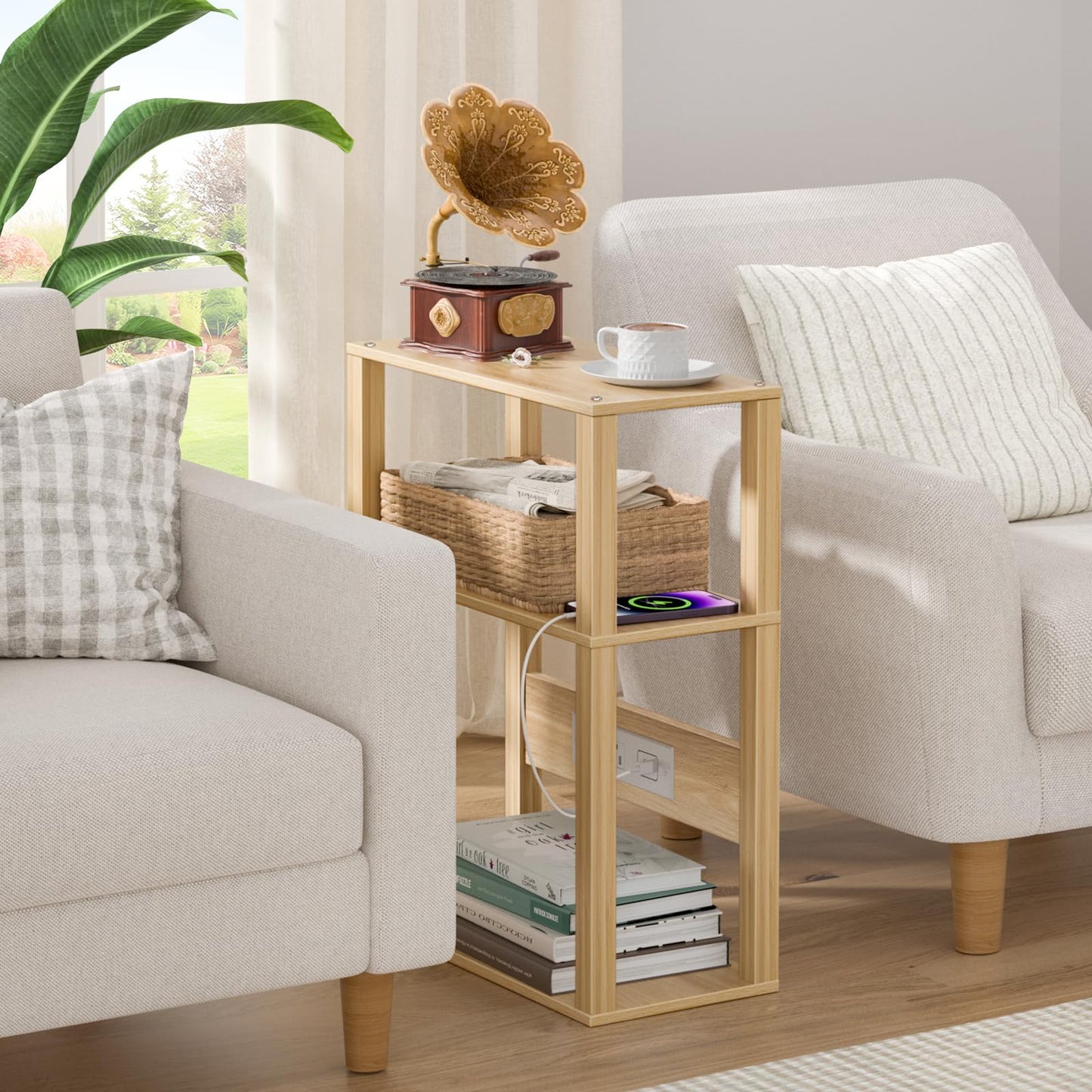 3-Tier Small Narrow Bamboo Side Table with Charging Station, Skinny Nightstand for Small Space, Slim Bedside Table with Storage for Couch, Wooden Thin End Table with USB Ports and Outlets, Natural