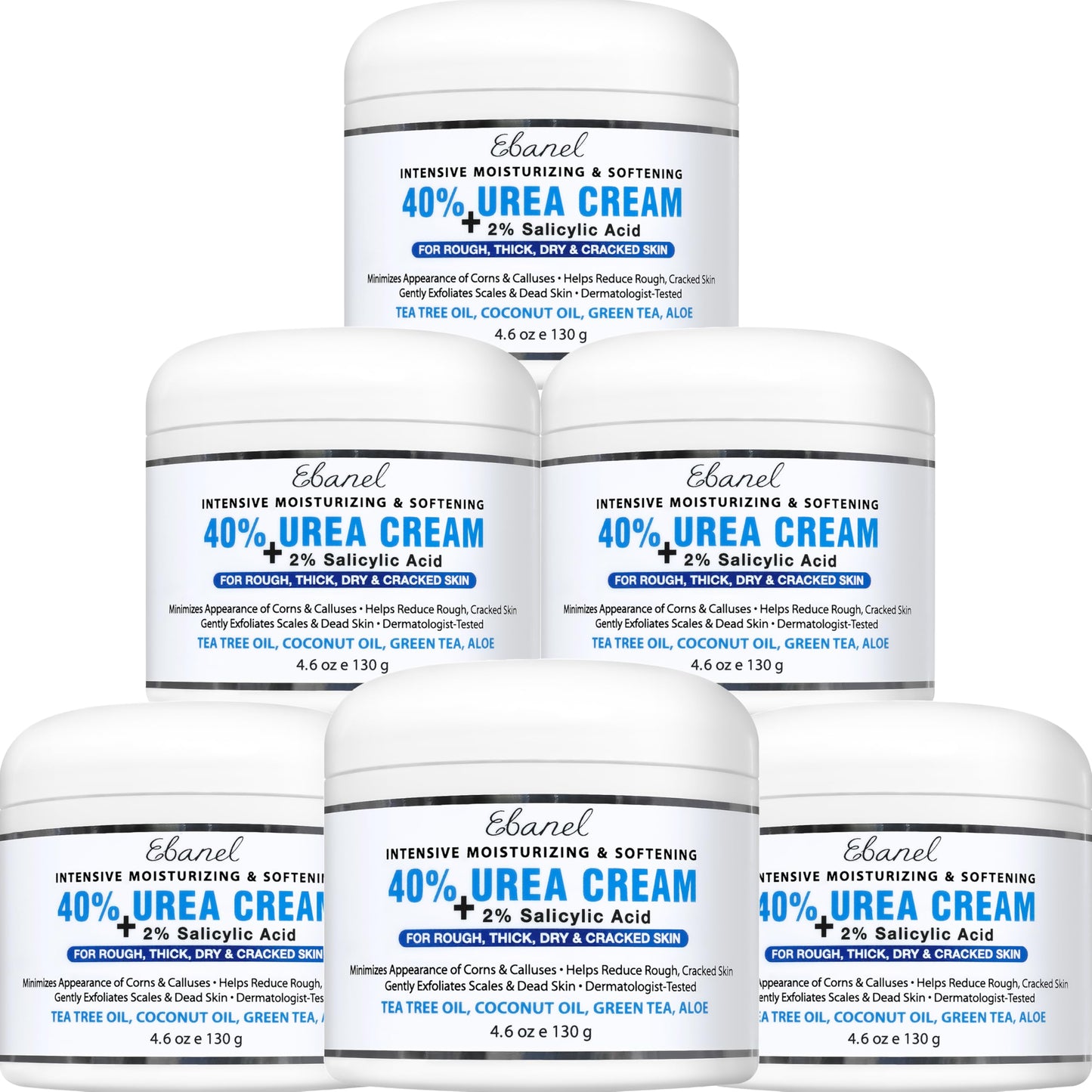 Ebanel Urea Cream 40% plus Salicylic Acid 2%, Foot Cream for Dry Cracked Heels Feet Knees Elbows Hands, Foot Dead Skin Cuticle Callus Remover Toenail Softener, Keratolytic Skin Barrier Repair, 6-Pack