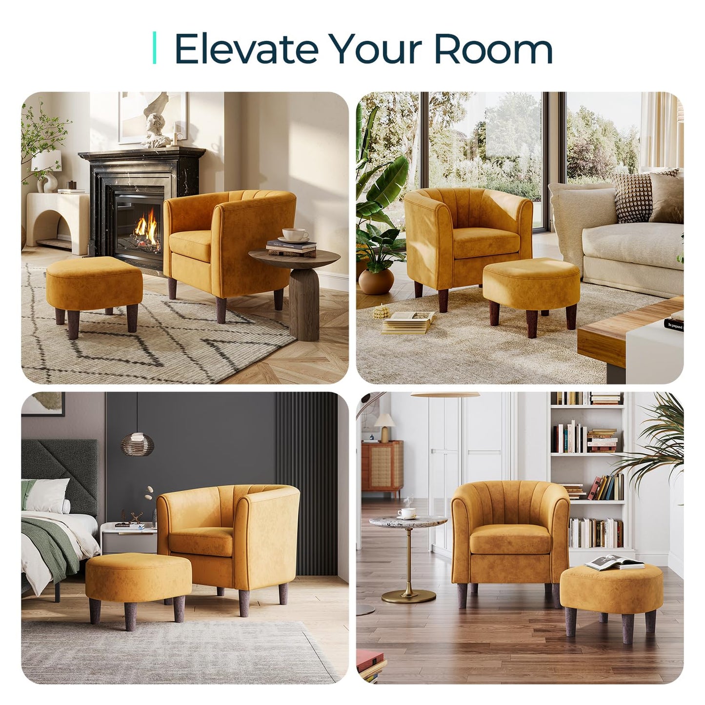 LINSY Accent Chair with Ottoman, Modern Barrel Chair Small Armchair Reading Chair with Footrest, Comfy Round Arms Chair for Living Room Bedroom Reading Room, Velvet, Yellow