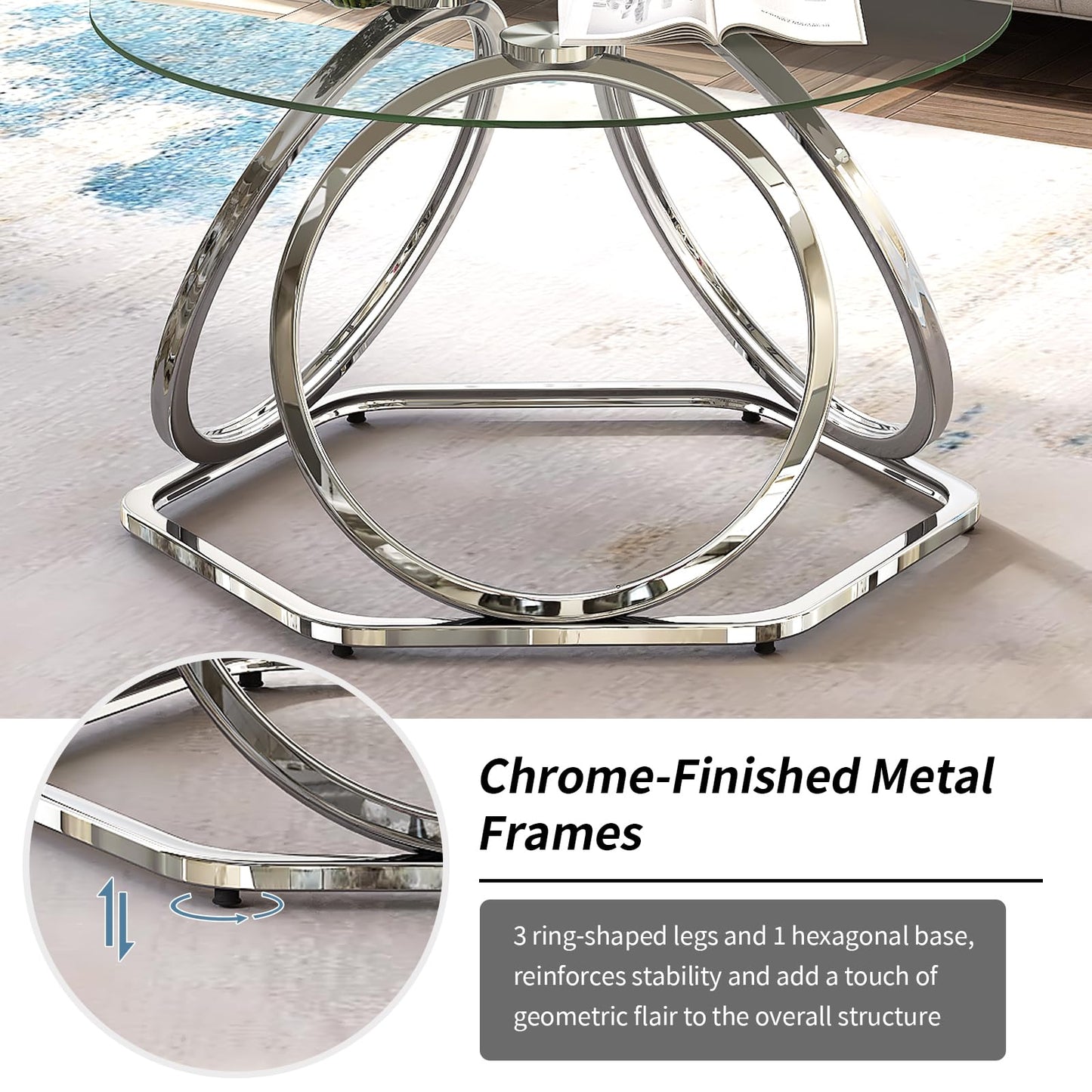 O&K FURNITURE Glass Coffee Table, Modern Silver Coffee Table Living Room Table with Hexagonal Base, Round Coffee Table for Home&Office, Chrome Finish, 1 PC