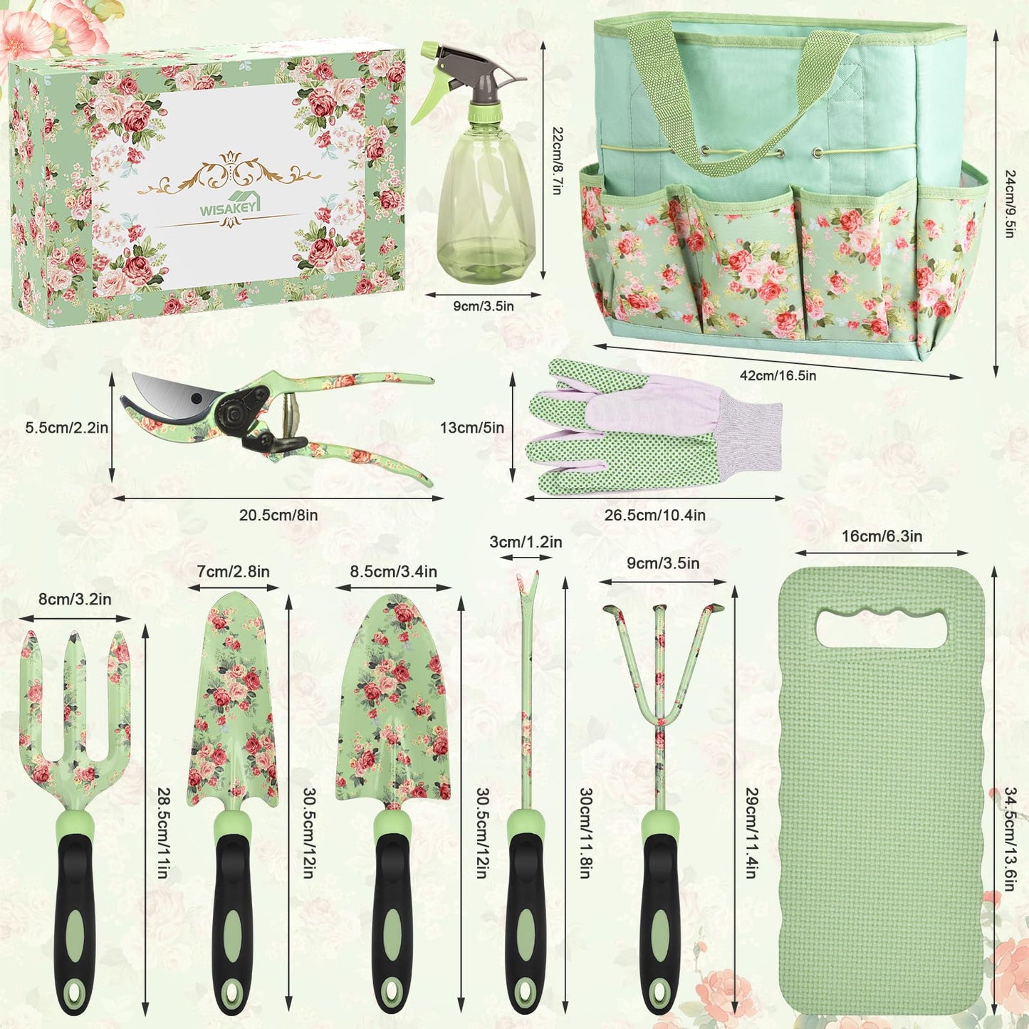 Gardening Tools, WisaKey 10 Piece Heavy Duty Garden Tools Set with Handle, Durable Fashion Garden Organizer Handbag, Ideal Gardening Gifts for Women