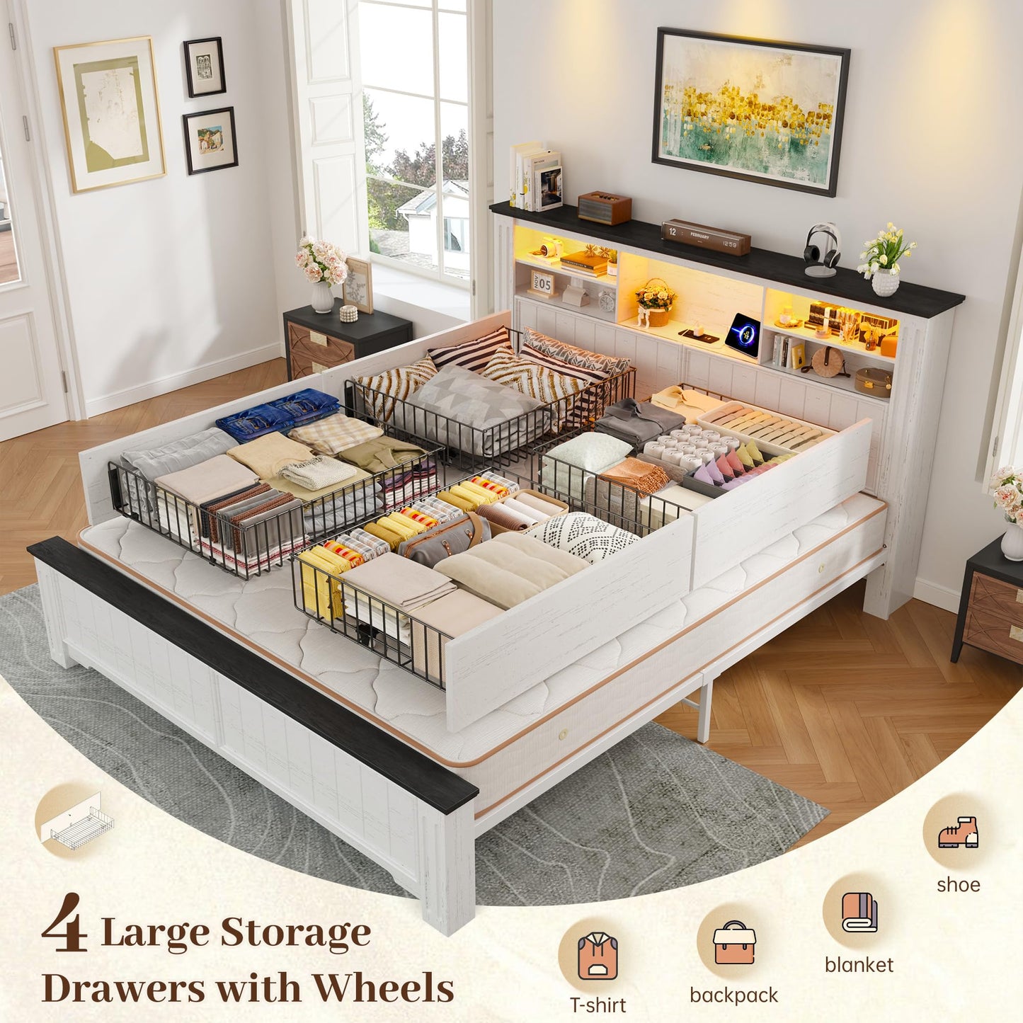 EnHomee Queen Bed Frame with Headboard, Bed Frame Queen Size with 4 Drawers Charging Port & LED, Farmhouse Queen Bed Built in Charging Station,No Box Spring Needed,NO Noise,White with Grain Marks