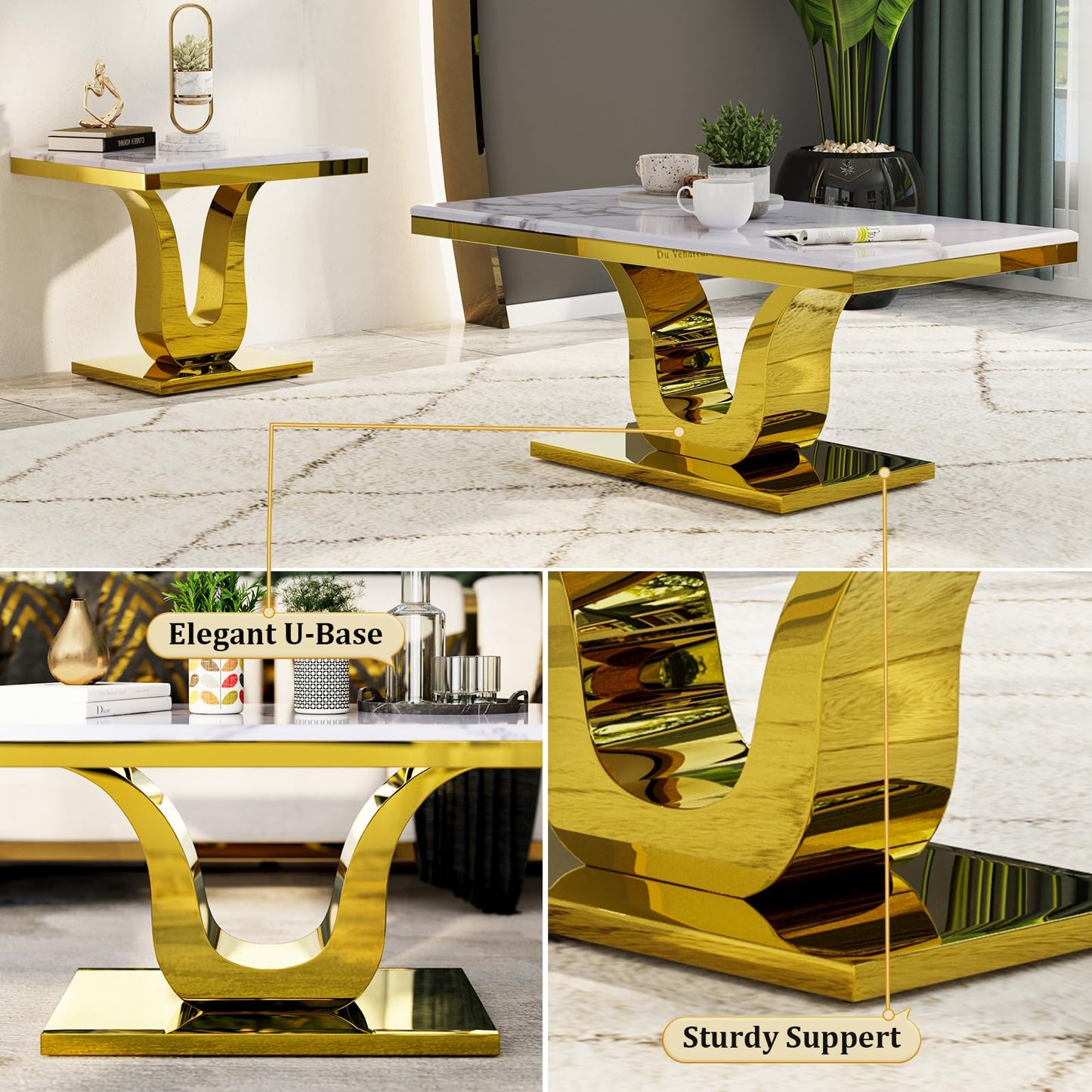 Anewsun Gold Coffee Table, White and Gold Rectangle Living Room Tea Table, Glam 48 inch Coffee Table for Living Room, Guest Hall, Reception Room